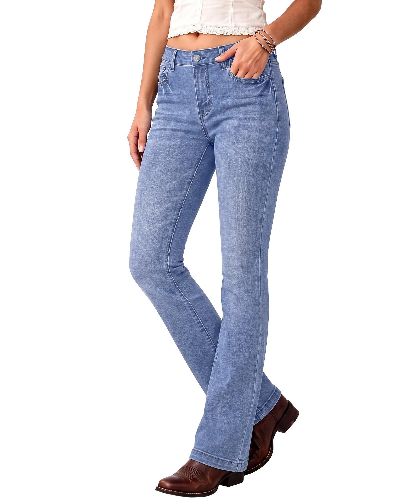 The diagonal seam where stripes meet the white ruffle — Luvamia Bootcut Jeans for Women Trendy Mid Rise Stretch Western Denim Pants