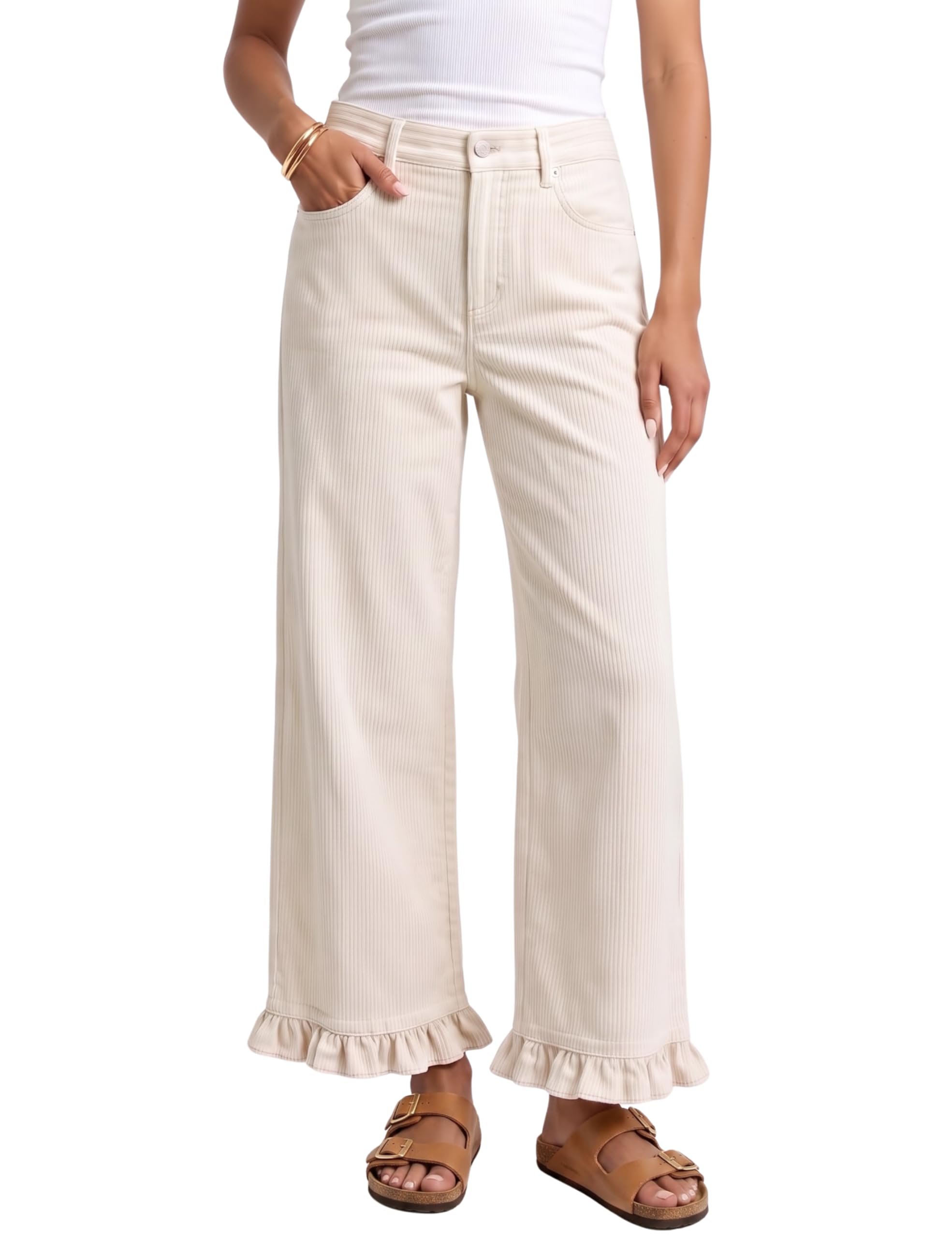 Wide-leg corduroys with ruffle hems at the sneakers — Tanming Womens Elastic Waist Corduroy Ruffle Baggy Pants