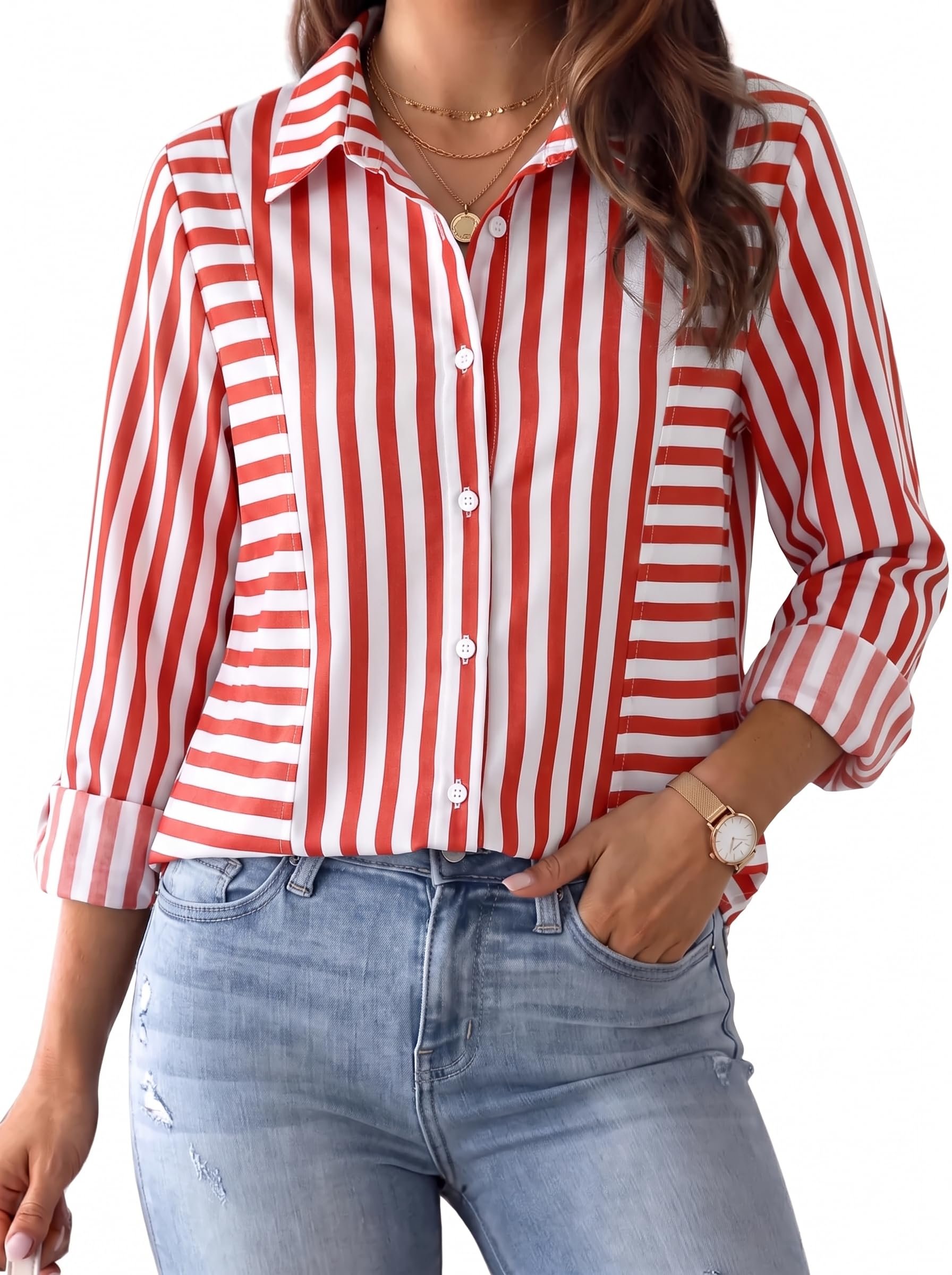 Curved stitching outlines the thigh pockets on navy leggings — Dokotoo Women's Long Sleeve Button Down Shirt Dressy Casual Tops Blouses