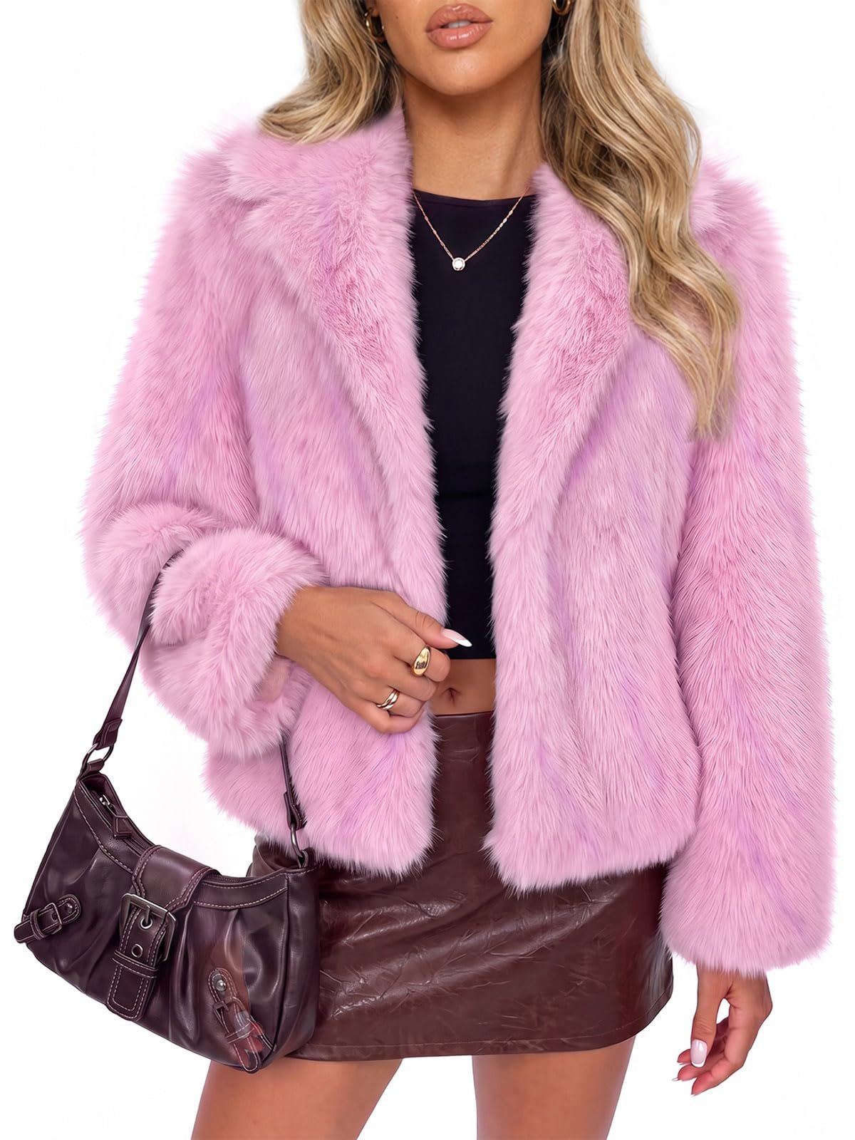 Pink faux fur paired with brown leather mini skirt — Yousify Womens Reversible Faux Fur Coat Fluffy Casual Winter Jacket