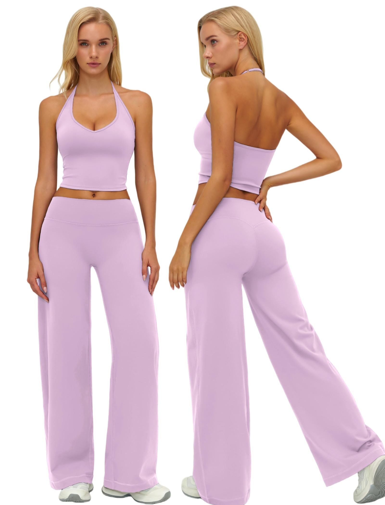 Scoop V edge under the thin halter straps — Efogep Workout Sets for Women Two Piece Gym Yoga Set Wide Leg Pilates Outfits