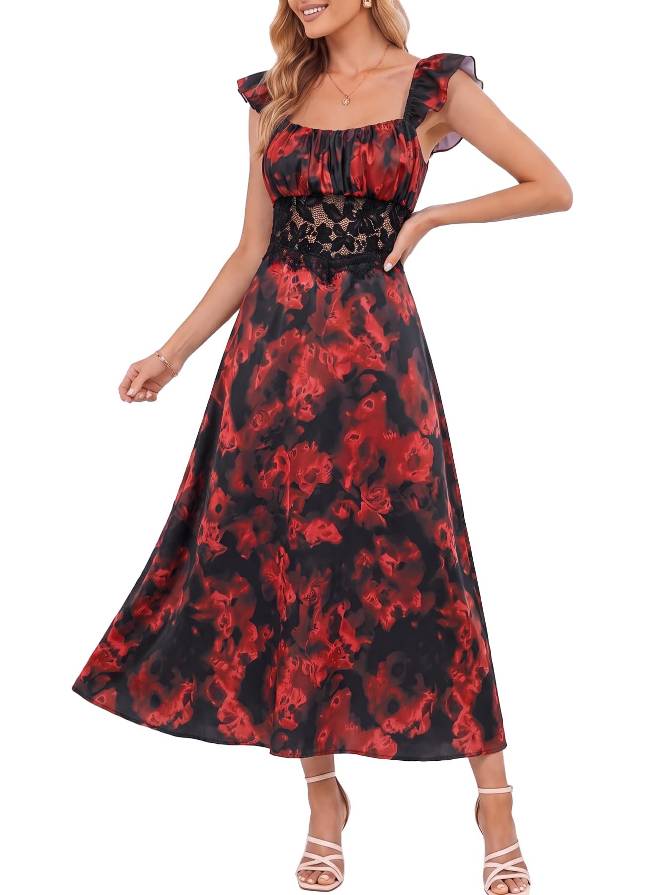 Red smoky roses scattered over black midi skirt — Baronshion Women's Summer Midi Dress Floral Short Sleeve Flowy Dresses