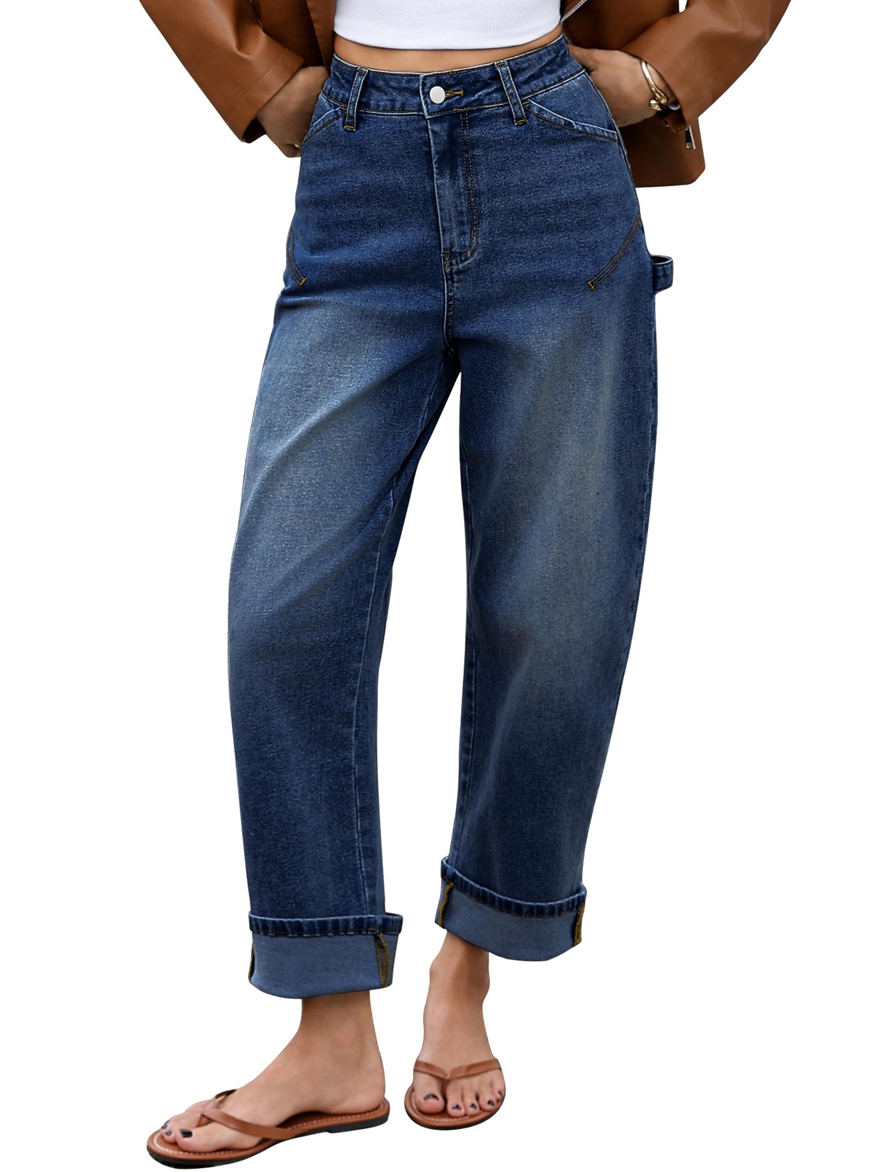 Top made a regular day look interesting — Eddoyee Women's Mid Rise Rolled-Up Barrel Jeans Wide Leg Distressed Denim Pants