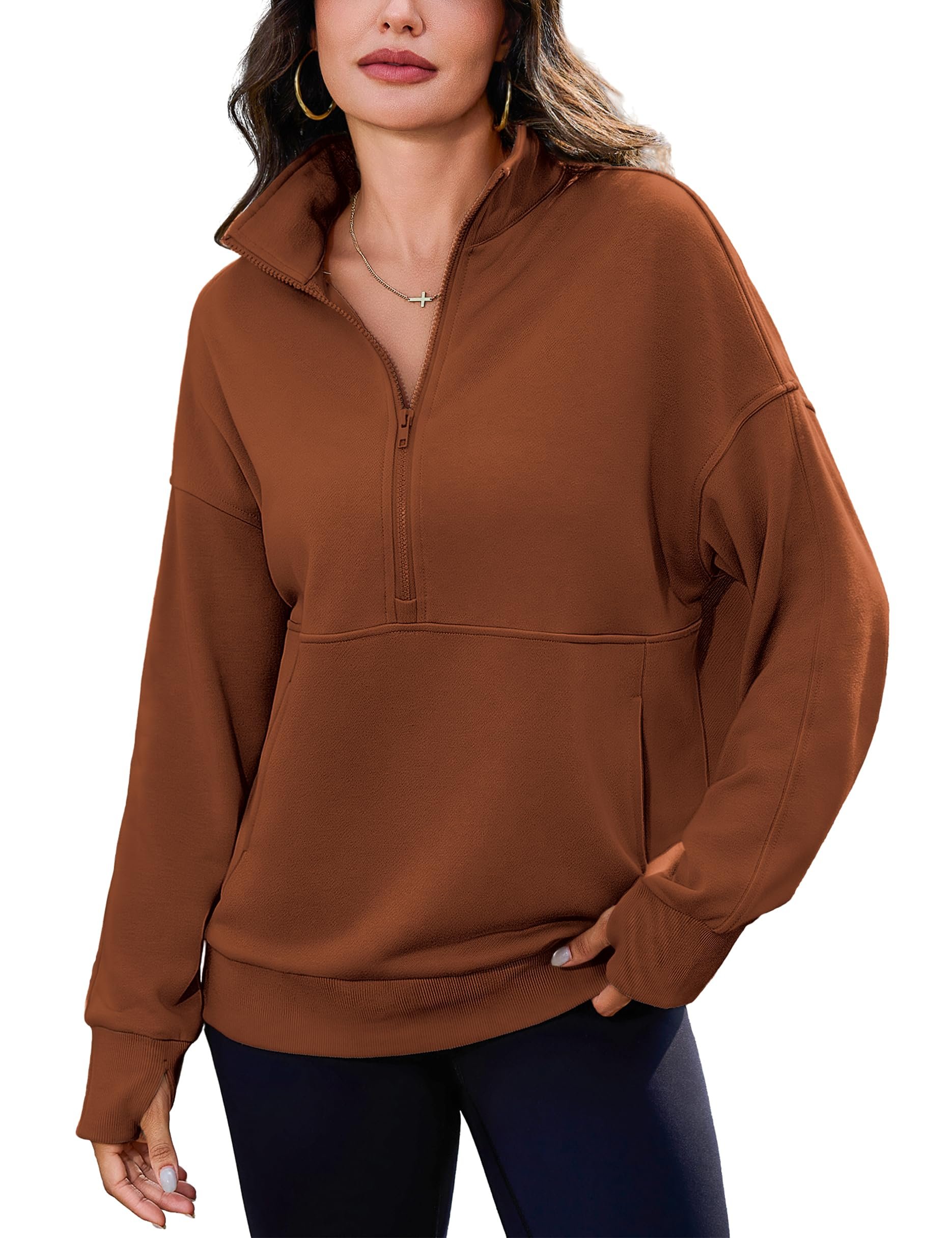 Brown half zip pullover meets dusty pink ruffle tiers — Totatuit Women Half Zip Oversized Sweatshits Drop Shoulder Pullover