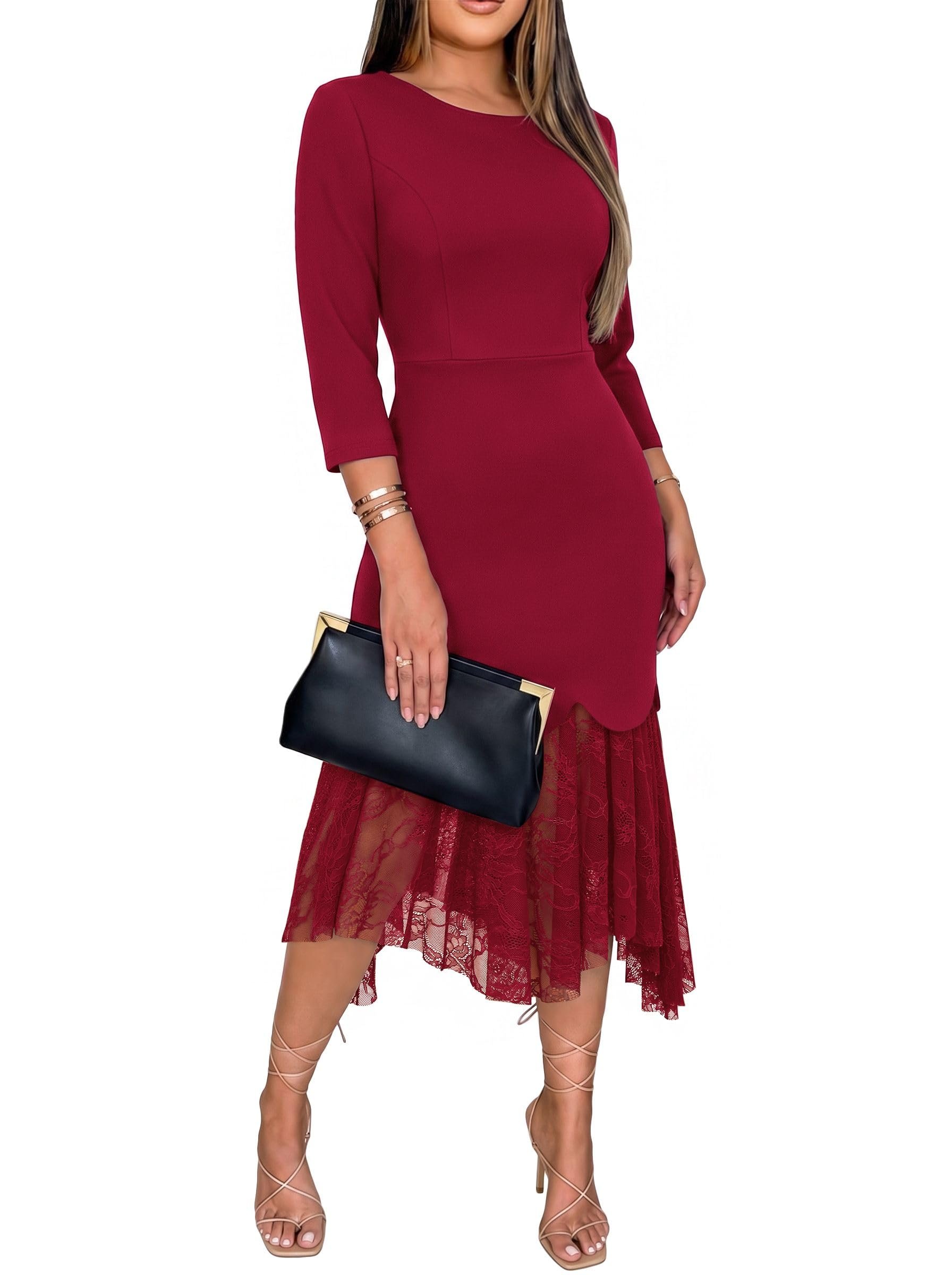 When the solid overlay meets lace underneath — Ekaliy Semi Formal Dresses for Women 3/4 Sleeve Elegant Lace Hem Midi Dress