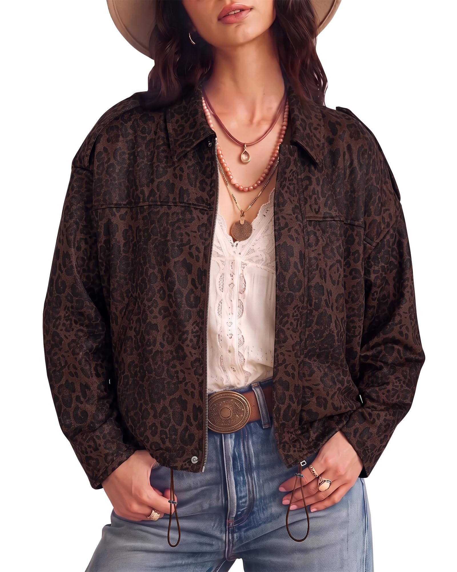 Cream white jeans cut straight to the ankle hem — Luvamia Faux Suede Leopard Jackets for Women Oversized Zip Up Bomber Coats