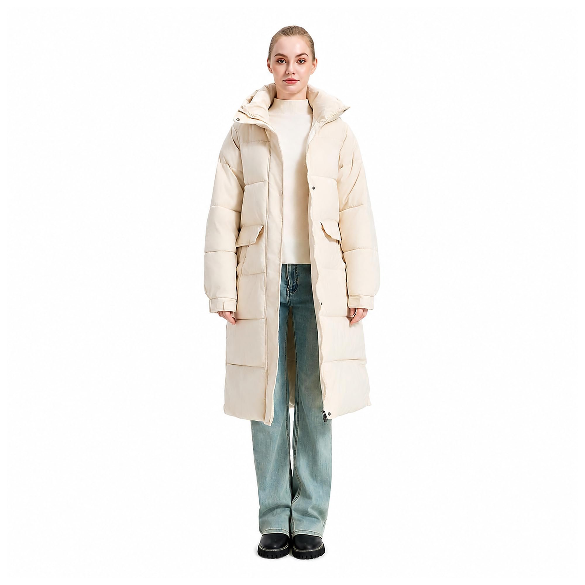 Light blue barrel jeans cut with a curved outer seam — BreezyPeak Women's Long Puffer Jacket, Knee-Length Winter Coat with Hood