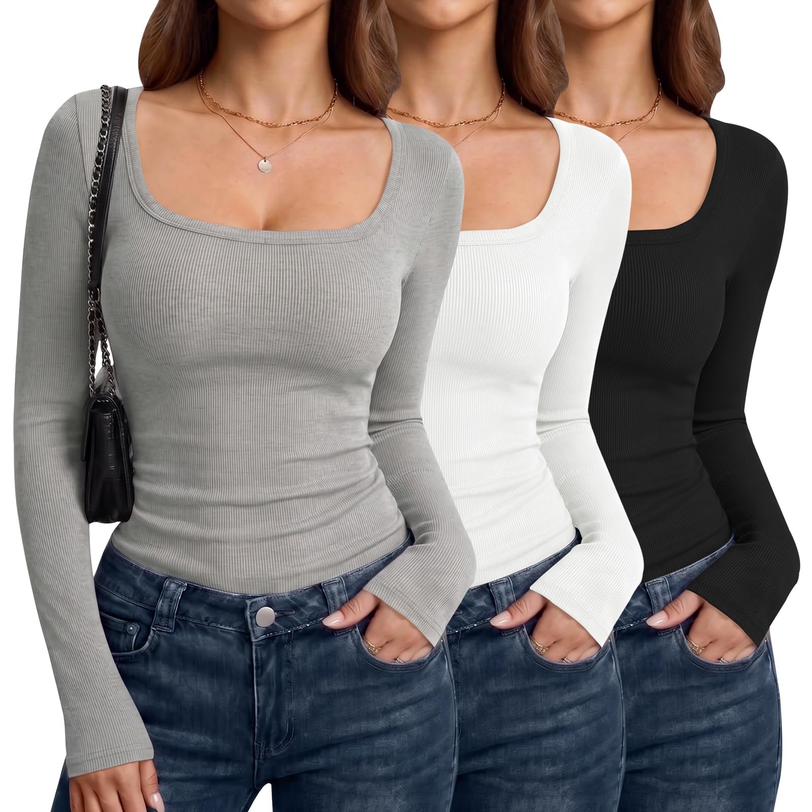 A quick cameo from Square-Neck Shirt — Popclub 3 Pack Long Sleeve Shirts for Women Square Neck Casual Tops Ribbed