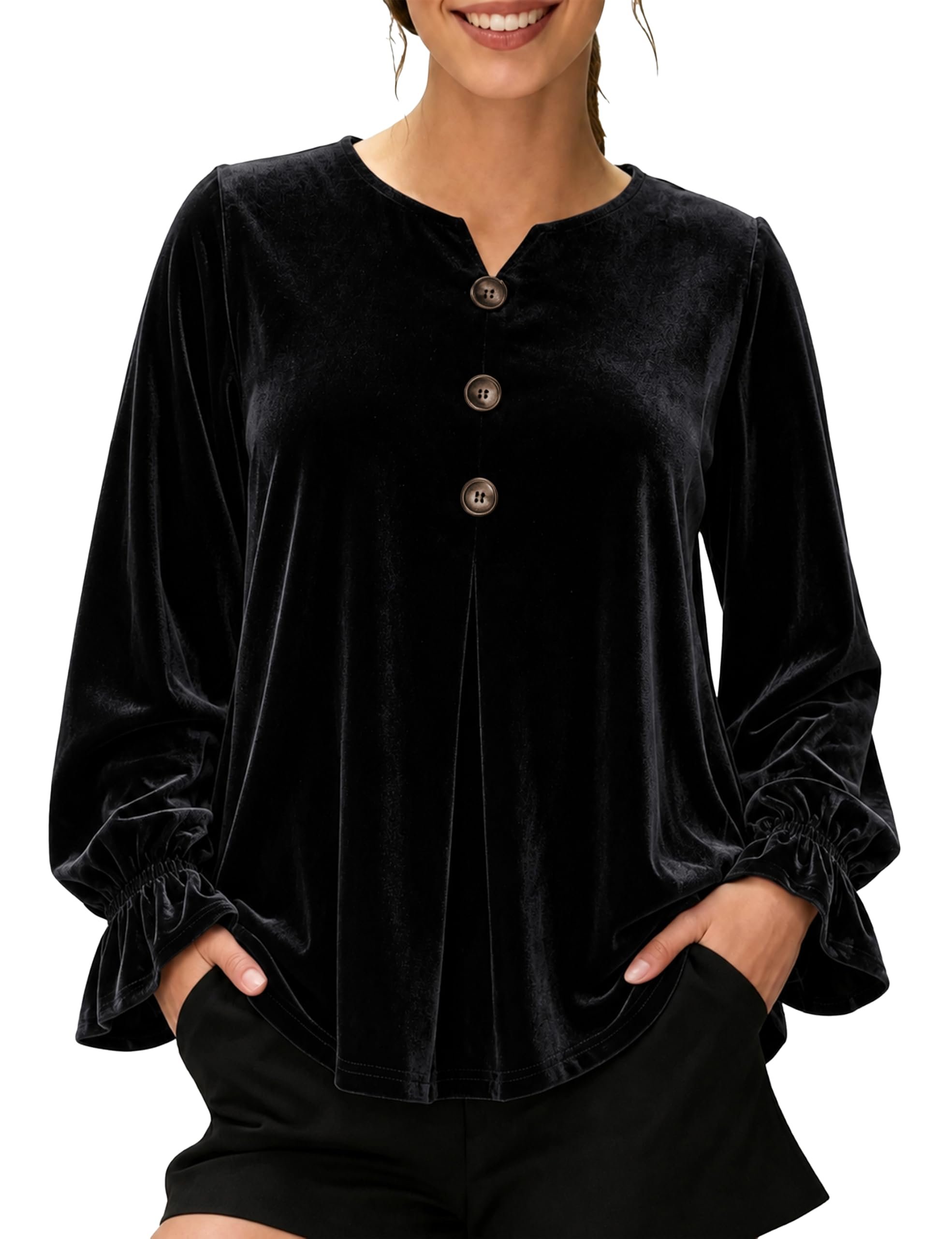 Smocked elastic at wrist letting the ruffle flare — Tbetne Women's Long Sleeve Velvet Blouse Elegant Tunic Top