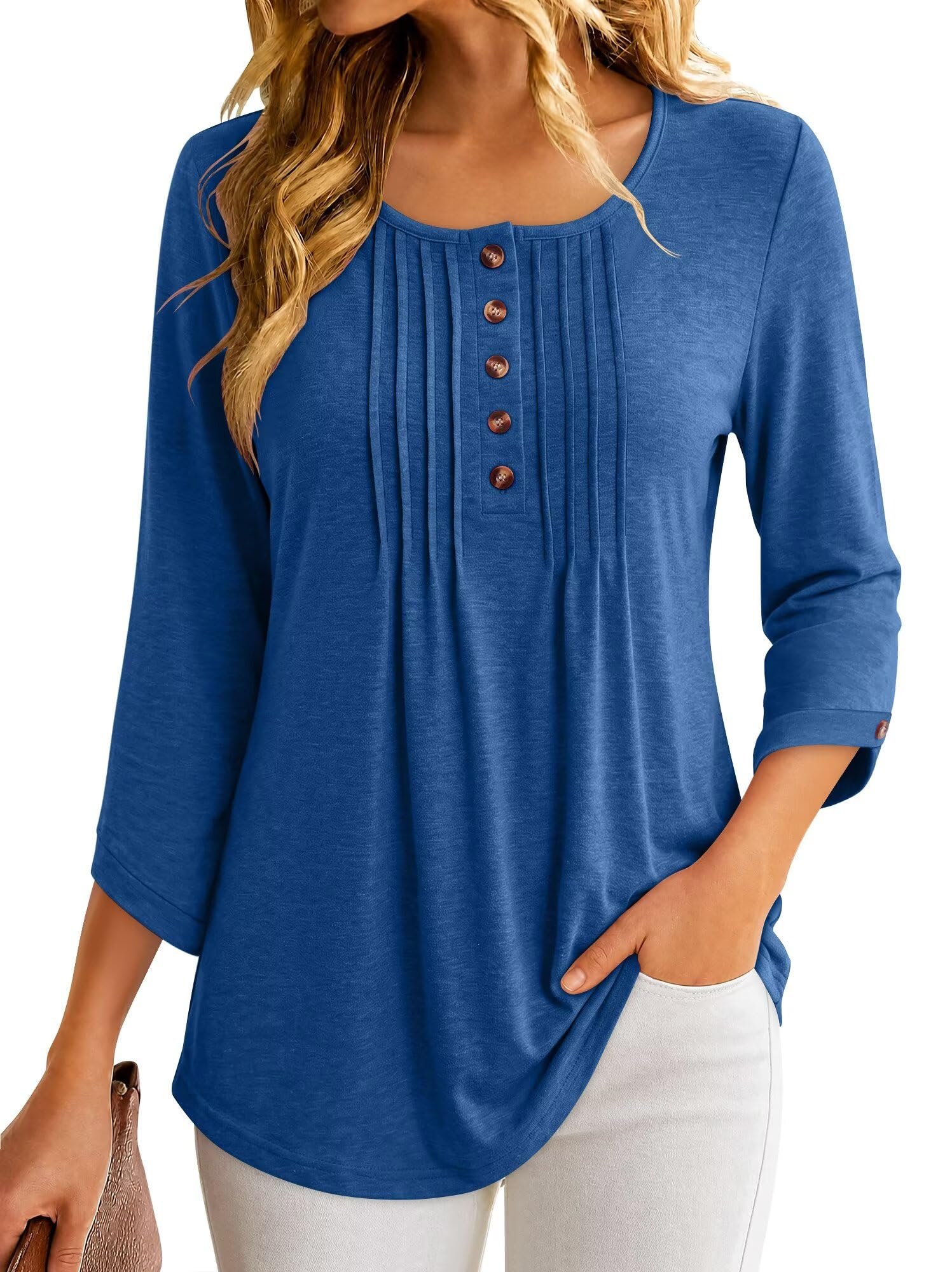 Rolled sleeves with that tiny cuff button — Stunshow Shirts for Women 3/4 Sleeve V Neck Blouse Dressy Tunic Tops