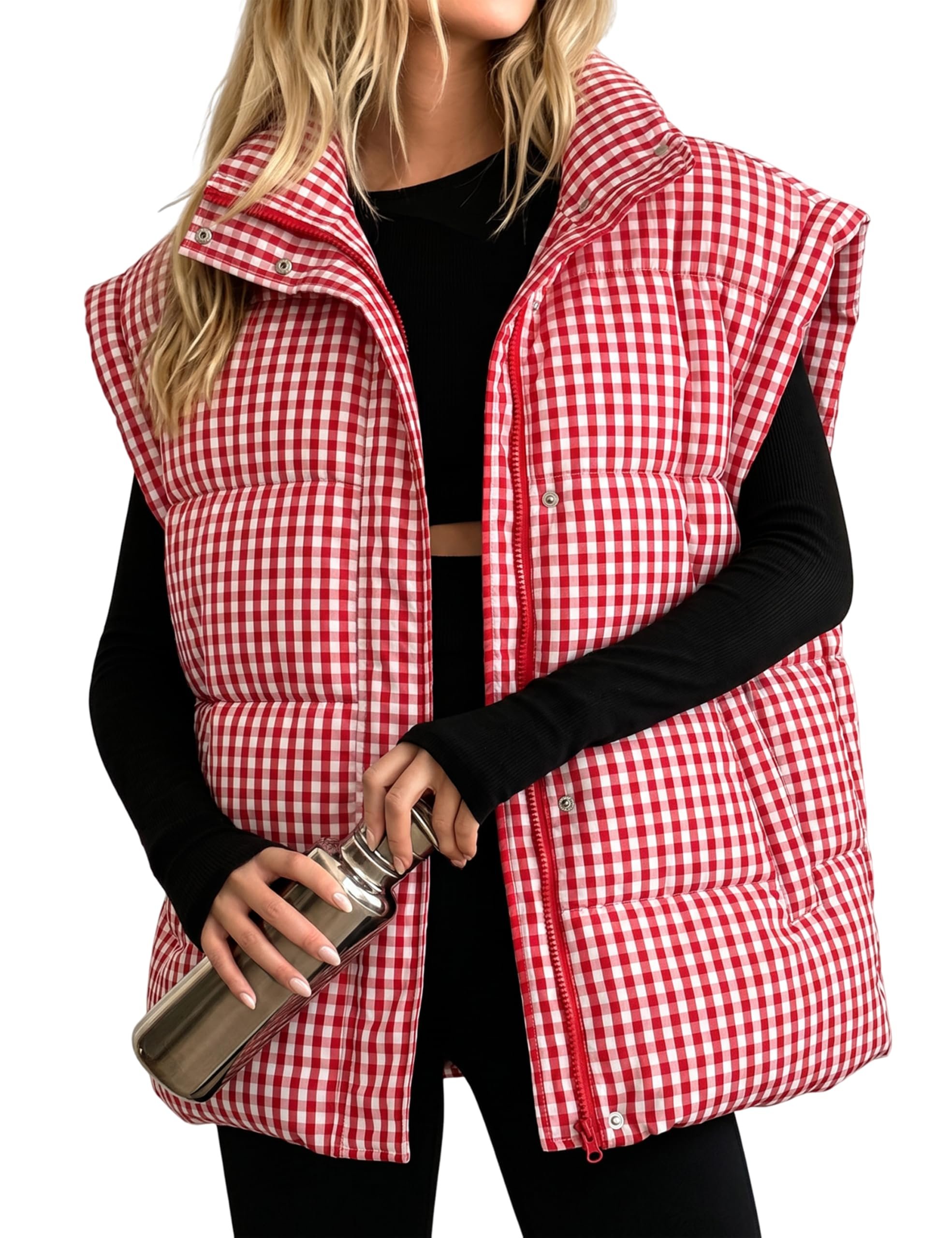 Today's forecast calls for Jacket — Apafes Womens Oversized Puffer Vest Gingham Sleeveless Jacket