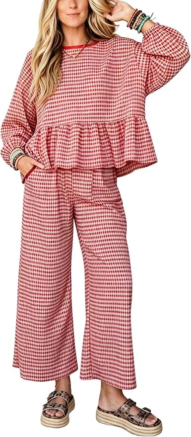 A gingham set walks into an elevator — Apafes Womens Gingham 2 Piece Outfits Lounge Matching Pants Sets
