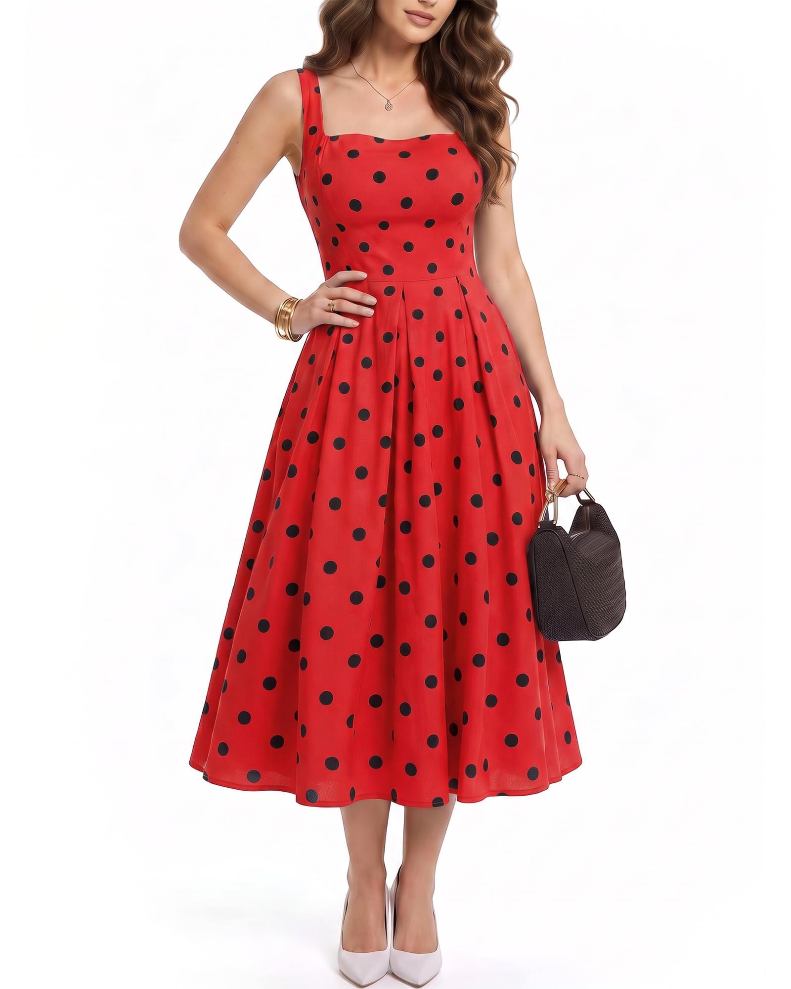 Red base covered in big black polka dots — Tobyto Womens Polka Dots Midi Dresses Square Neck Sleeveless Backless A Line Ruffle Dress Flowy Casual Long Smocked Sundress