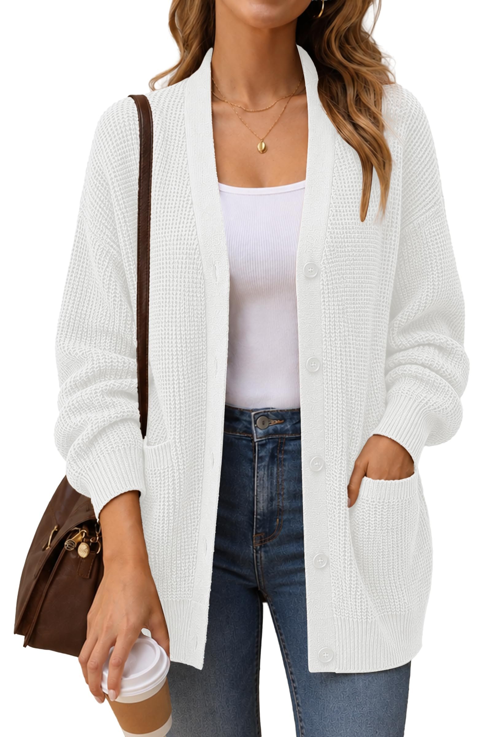 Fringe at twelve o'clock — Qualfort Women's 100% Cotton Cardigan Sweater with Pockets