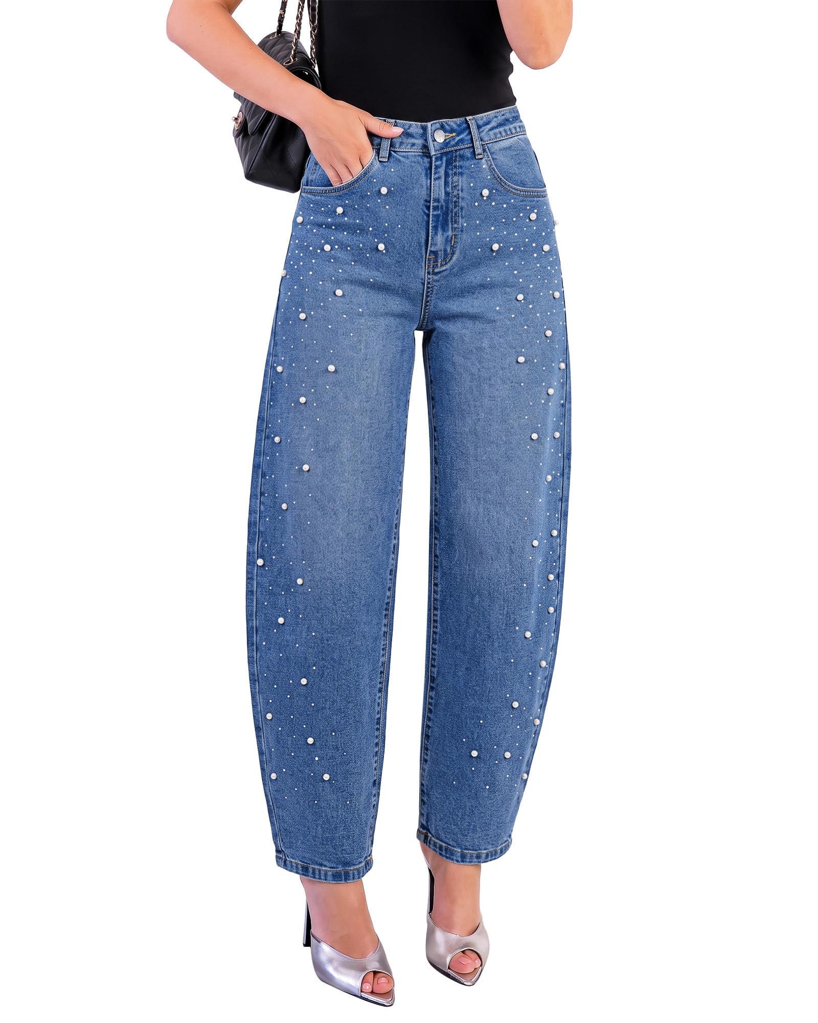 Partly cloudy, fully styled in Tank Top — Grapent Barrel Jeans Women Rhinestone Pearl Embellished Sparkly Denim Pants