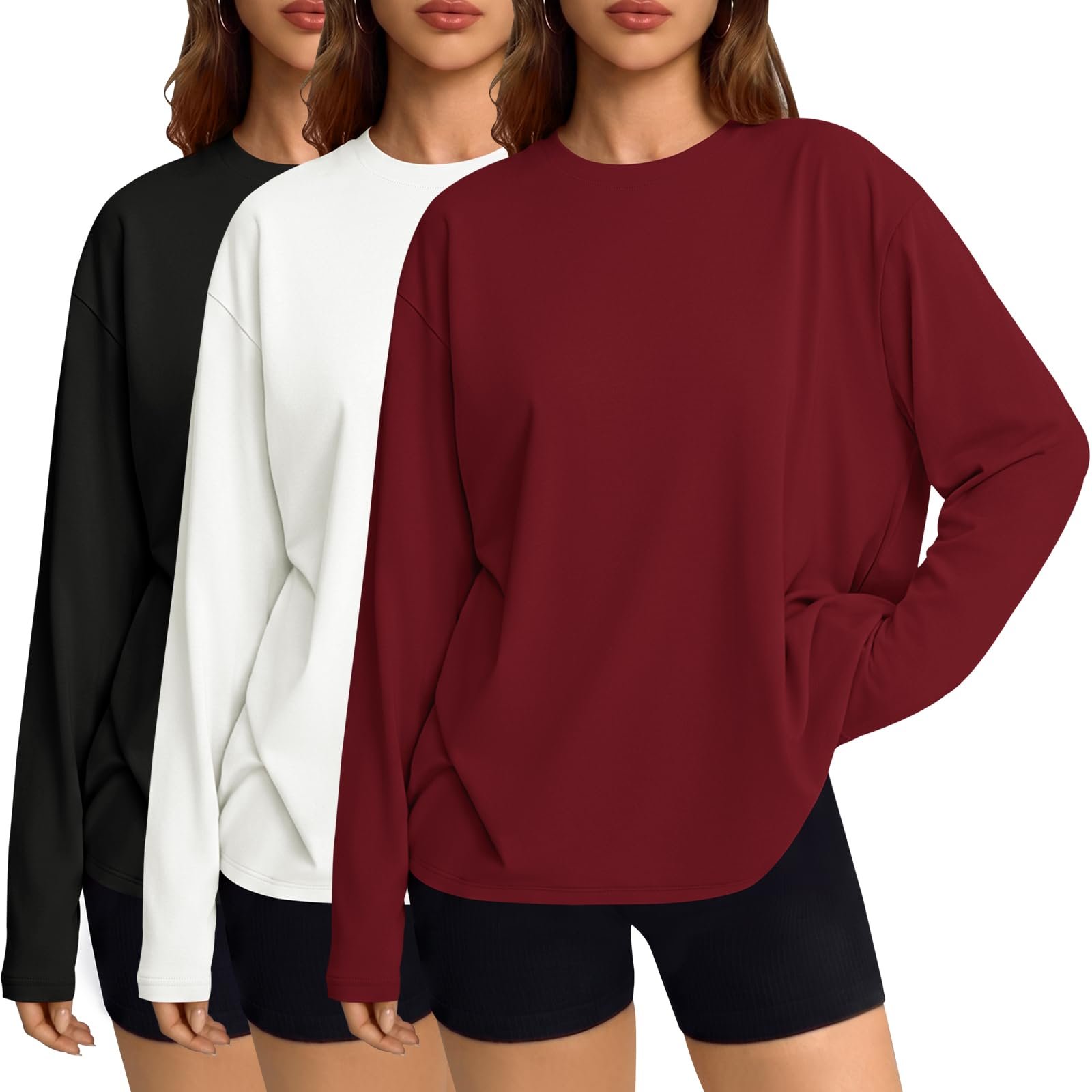Silver heels under a sparkly slit midi — Popclub 3 Packs Womens Long Sleeve Shirts Oversized Fall Tops Basic Tees