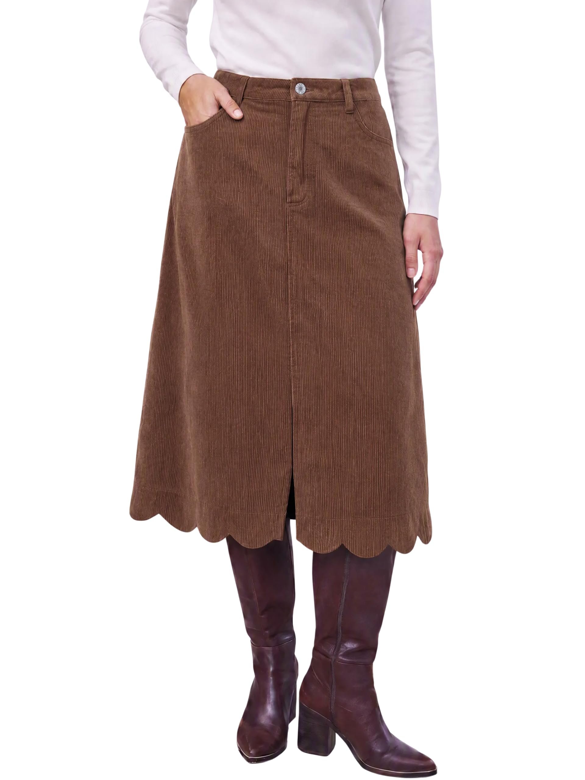 That brown corduroy skirt finishes in little scallops — Tankaneo Womens A Line High Waisted Elastic Skirt Scalloped Hem Skirt