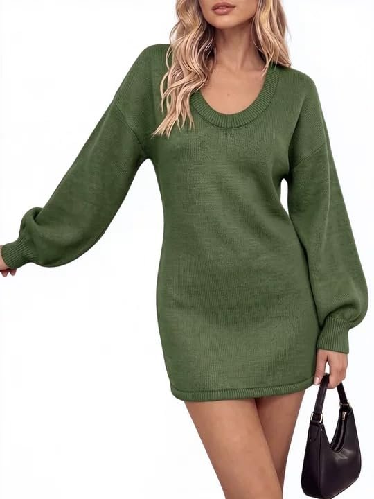 Ribbed hem band finishing the mini length — Wenrine Womens Long Sleeve Sweater Dress Scoop Neck Knit Mini Dresses