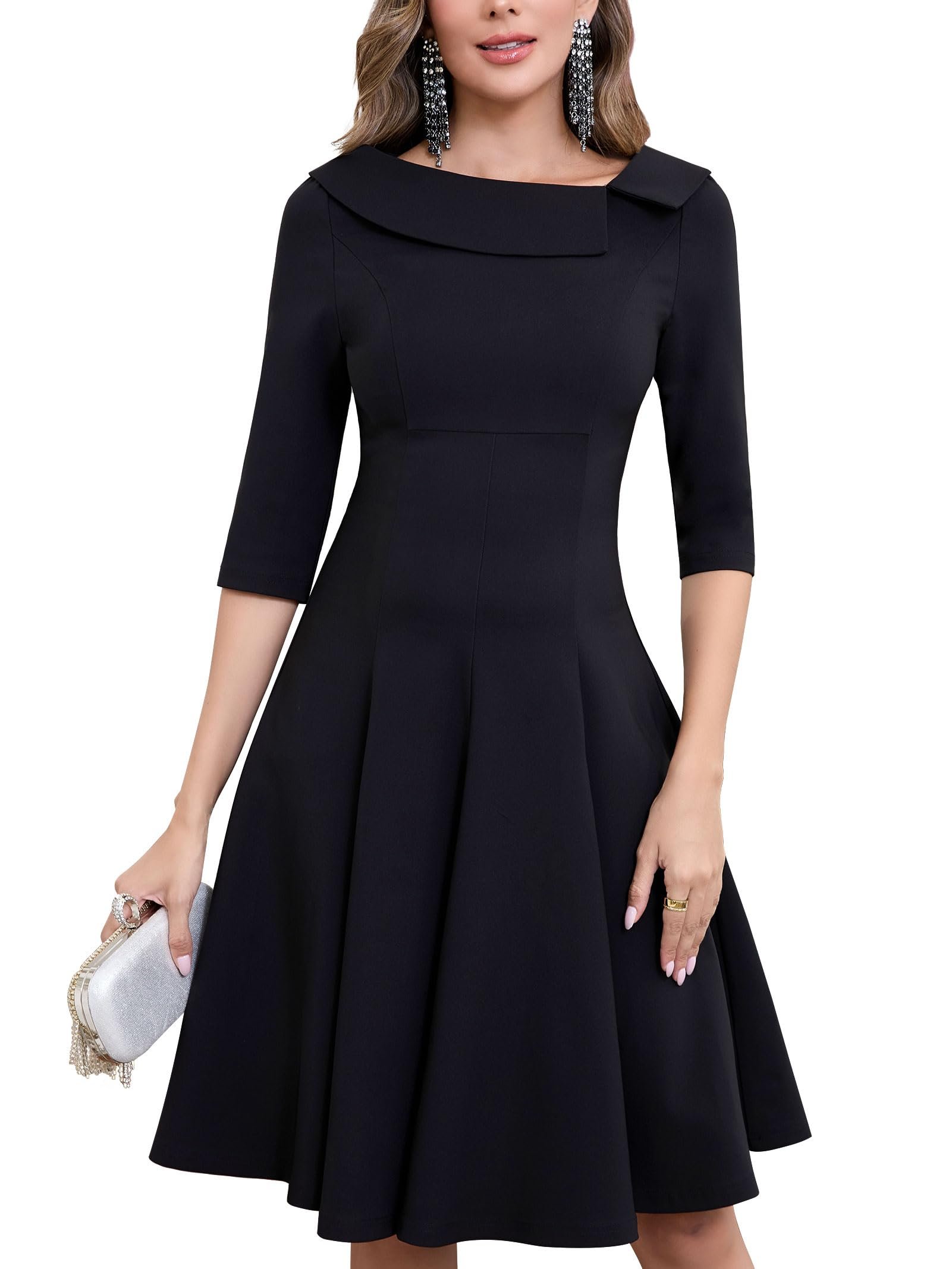 Folded collar sitting across the shoulders — M.Infisavo Women’s Fit and Flare Midi Dress, Half Sleeve Fall Flowy Dresses