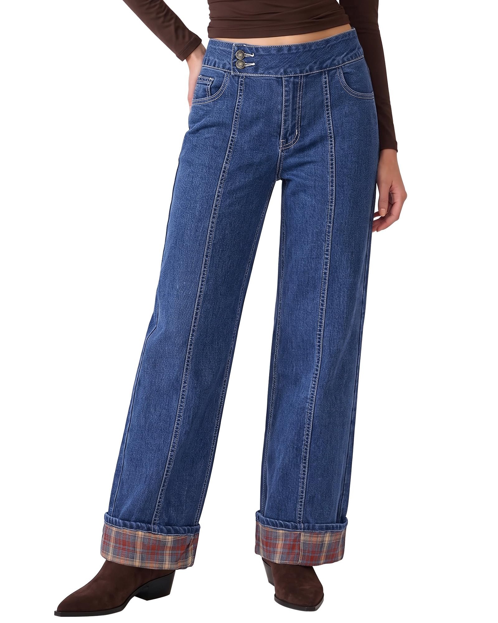 Top: proof I can dress and tell a joke — Luvamia Wide Leg Jeans for Women Plaid Cuffed Hem Denim Pants High Waisted