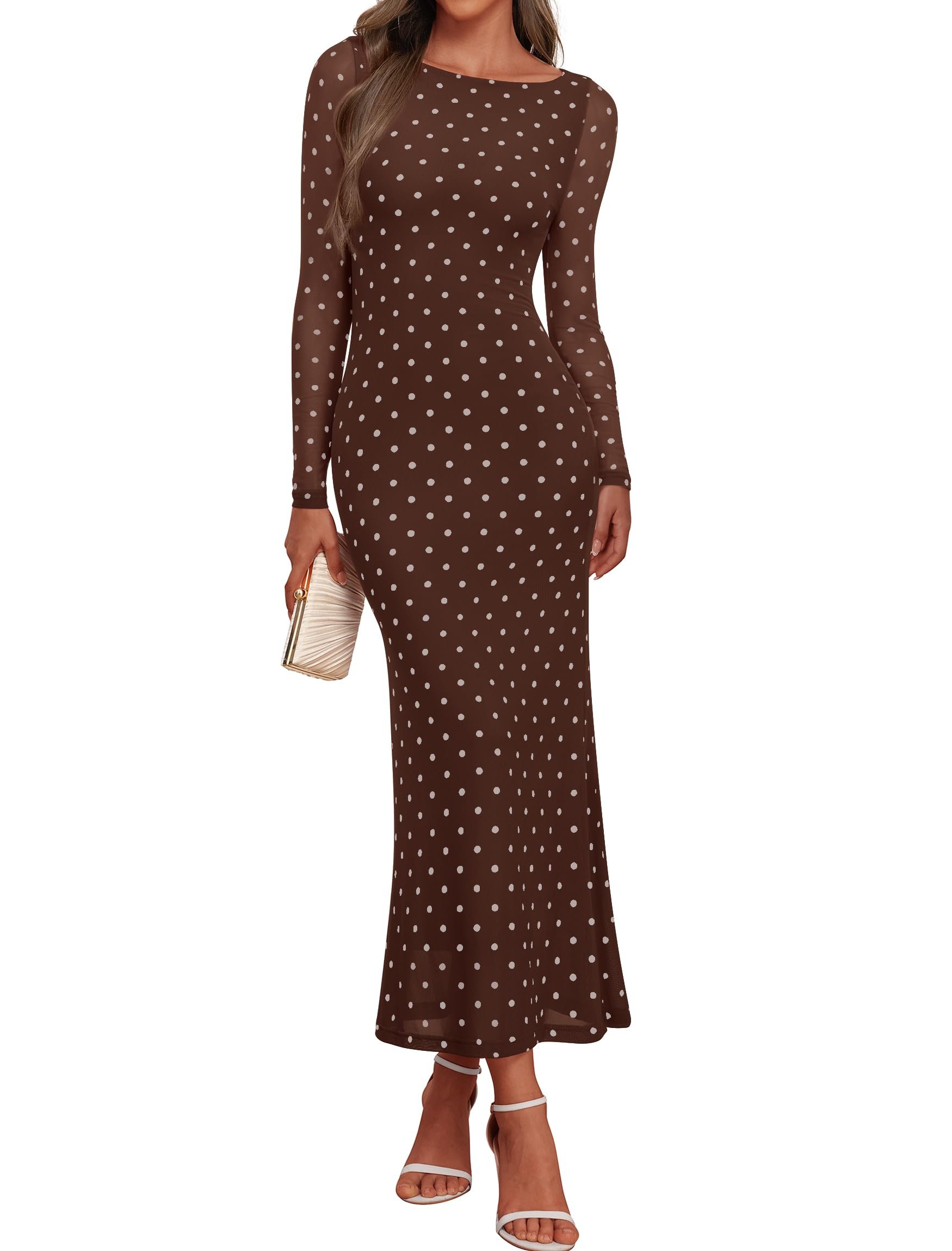 A closer look at how Dress moves — Iwd Women's Long Sleeve Bodycon Maxi Dress Sheer Mesh Wedding Guest Dresses