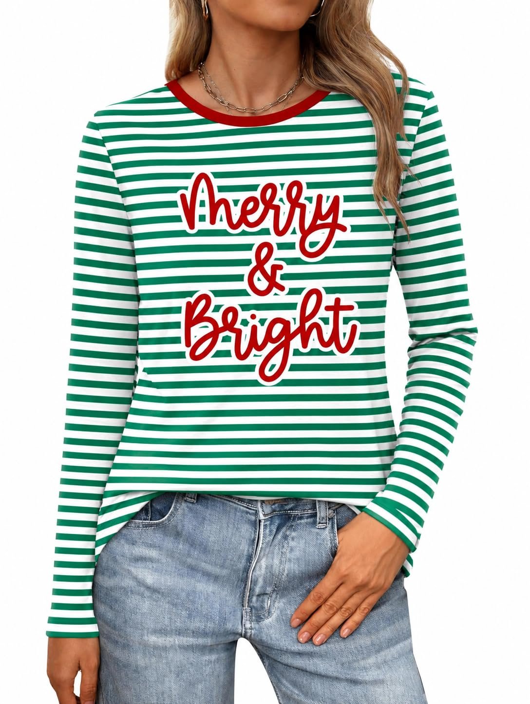 Forecast: Shirt with a chance of style — Psiikdo Christmas Shirts for Women Merry Jolly Sleigh Striped Long Sleeve Tops