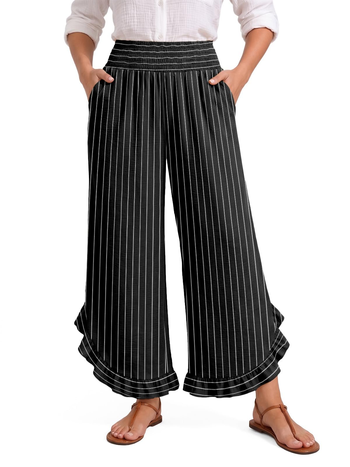 Tucking the Alexander graphic into smocked pinstripes — Feiersi Palazzo Pants for Women Smocked High Waisted Ruffle Hem Flowy Pants