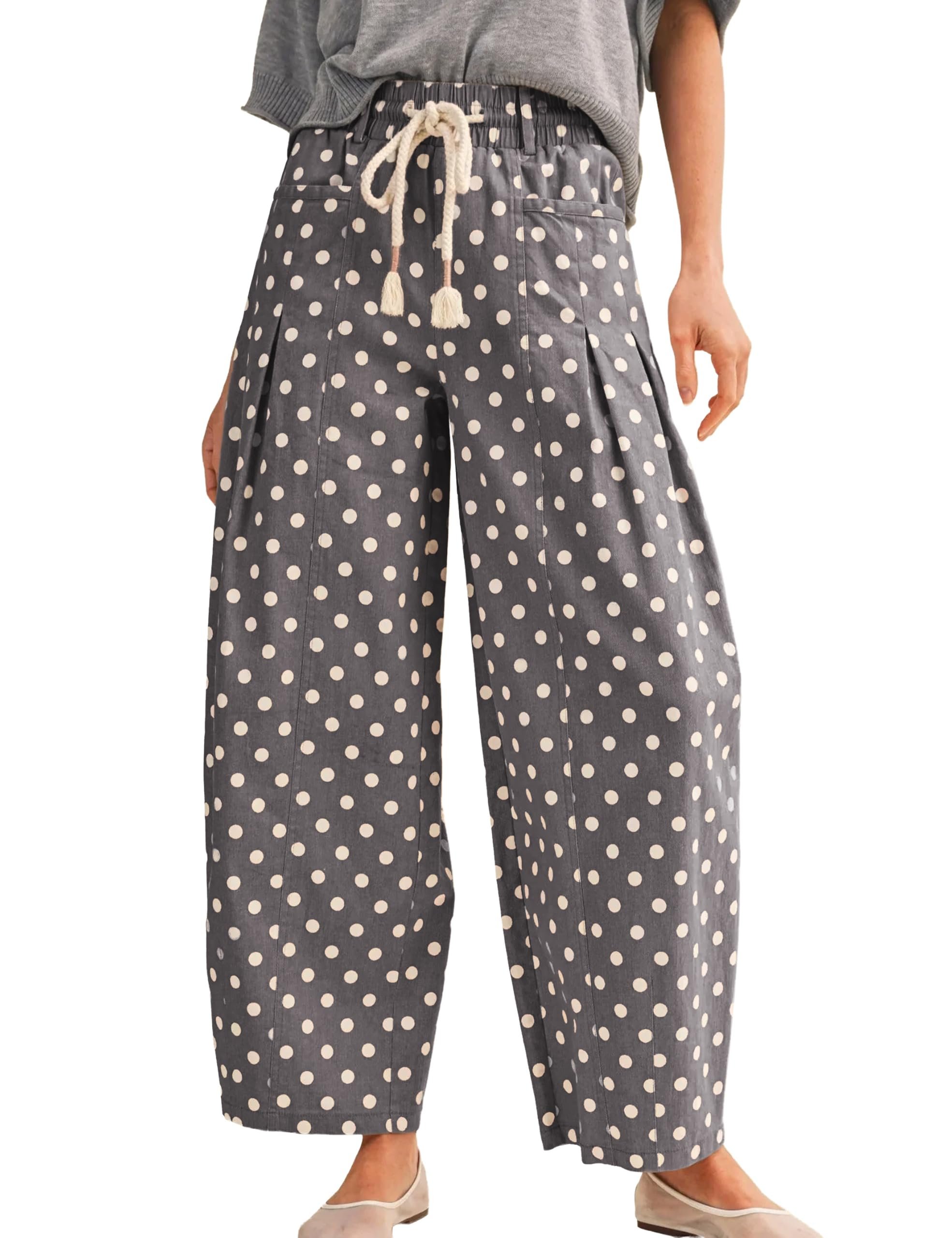 Cream dots scattered over charcoal wide-leg palazzo — Vateami Women's Polka Dot Linen Pants with Pockets