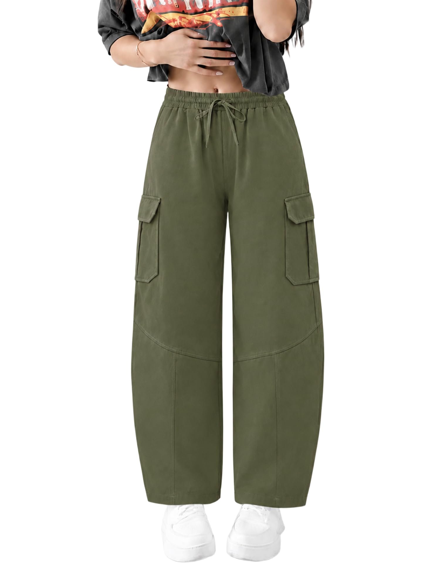 Weather report: T-Shirt remains in rotation — Akewei Barrel Cargo Pants Women Mid Rise Baggy Drawstring Pant with Pockets