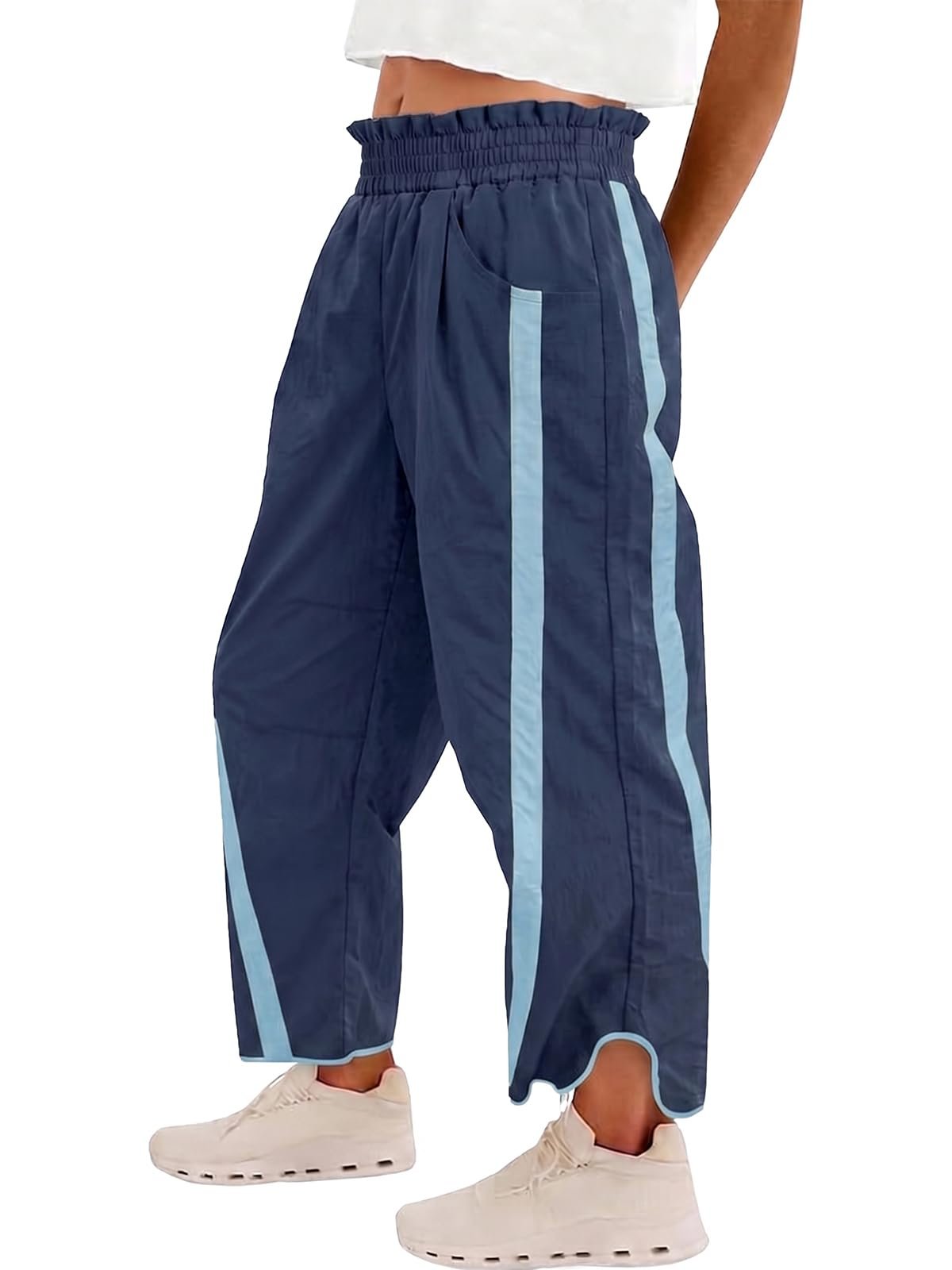 Light blue side stripe all the way down the leg — Fisoew Womens Baggy Wide Leg Track Pants Elastic Waist Y2K Sweatpants