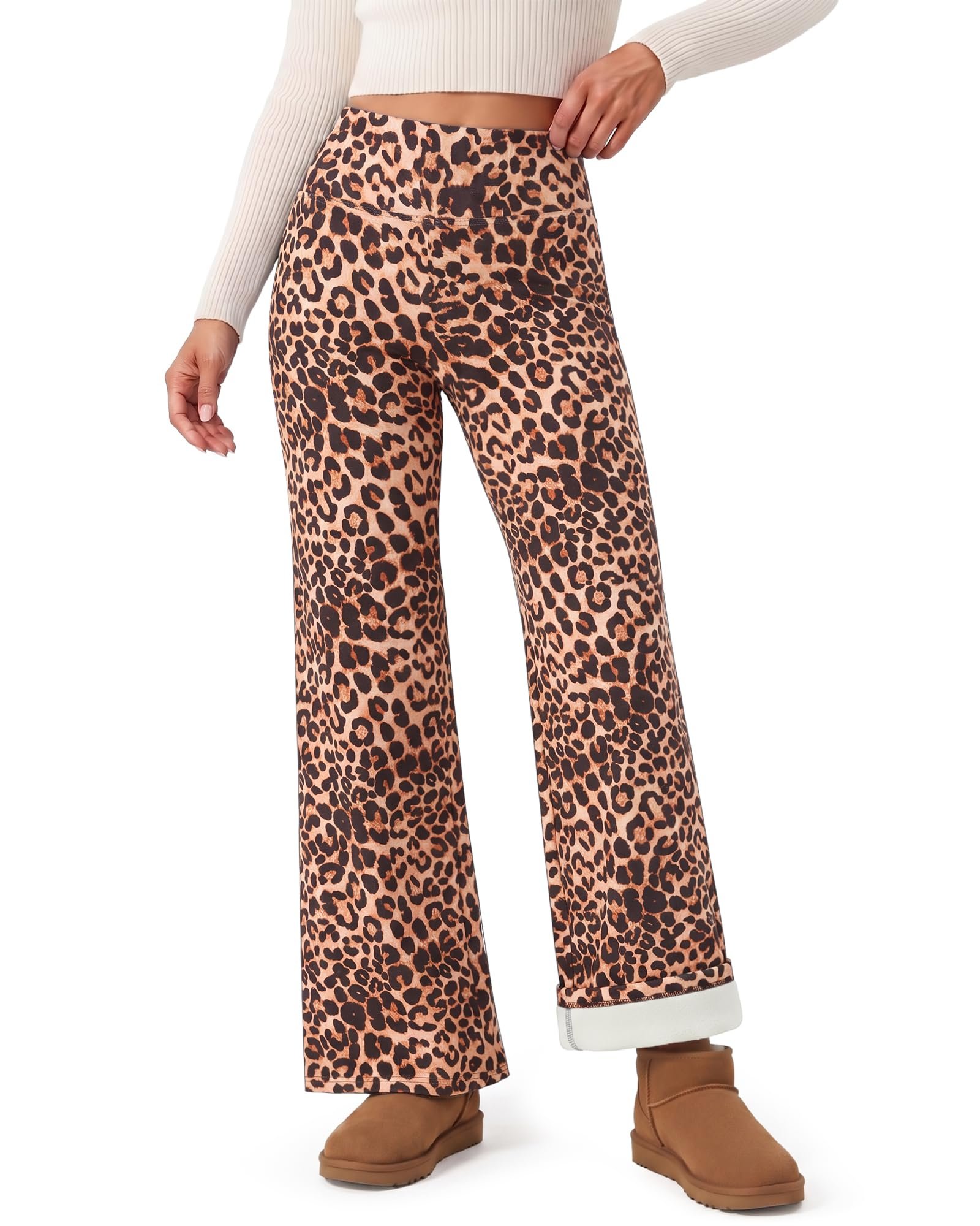 Leopard up top, blanket energy below — Campsnail Fleece Lined Wide Leg Pants Women - Winter Thermal Warm Straight Leggings