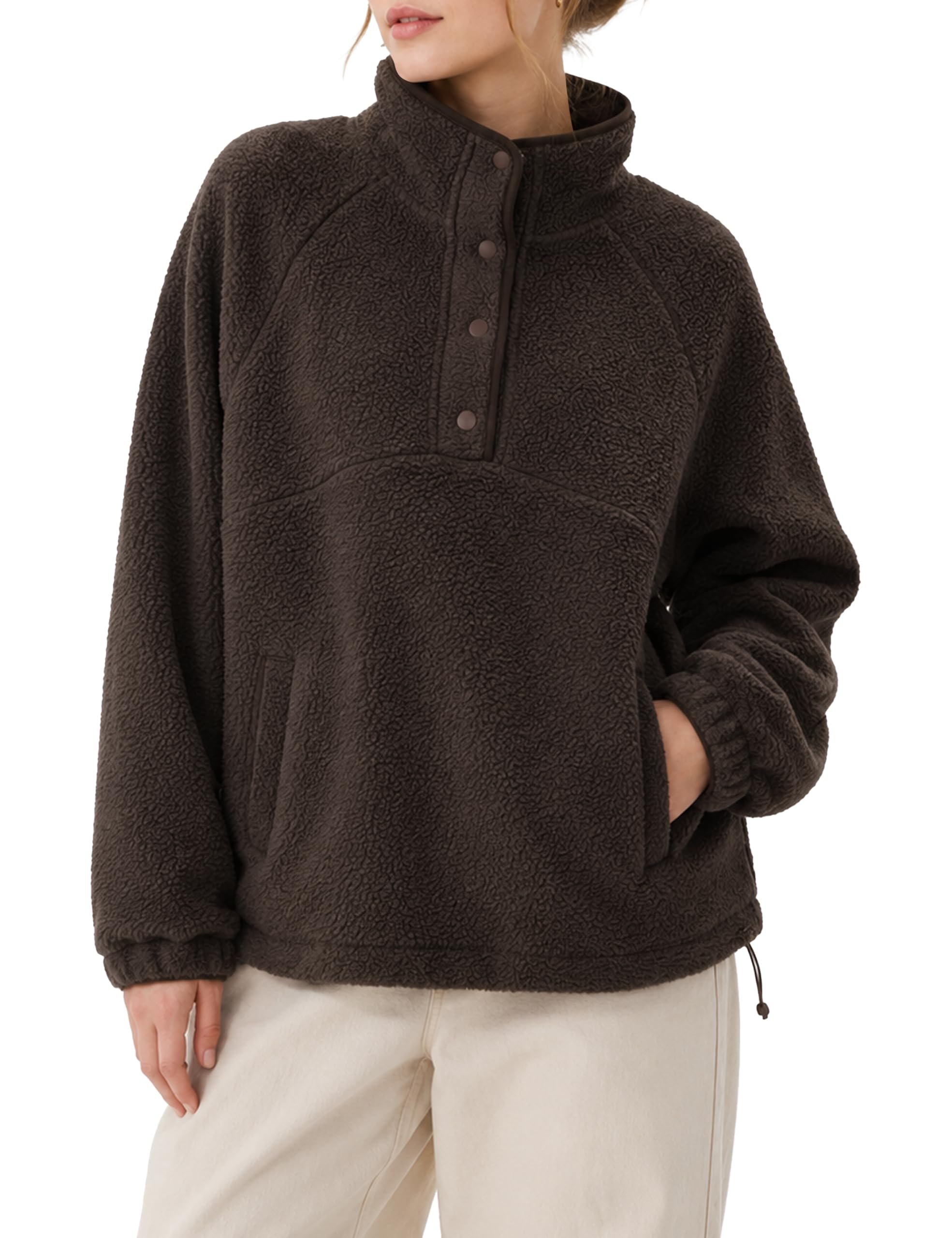 Sweatshirt made a regular day look interesting — Mostrend Women's Sherpa Fleece Snap Collar Pullover Sweatshirt with Pockets