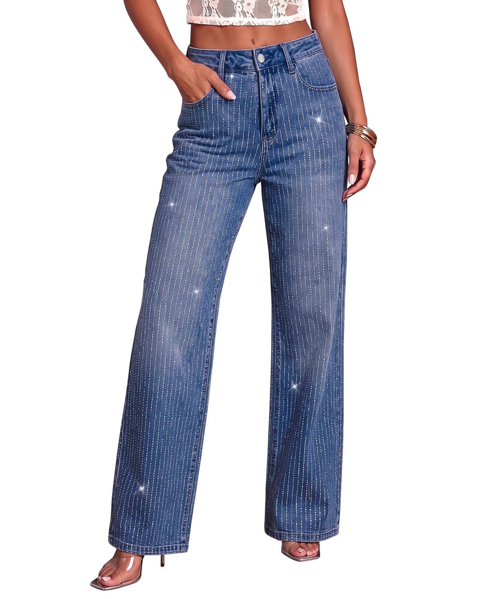 Closet called. Hooded Sweatshirt picked up — Luvamia Rhinestone Jeans High Waisted Stretch Glitter Womens Wide Leg Jeans
