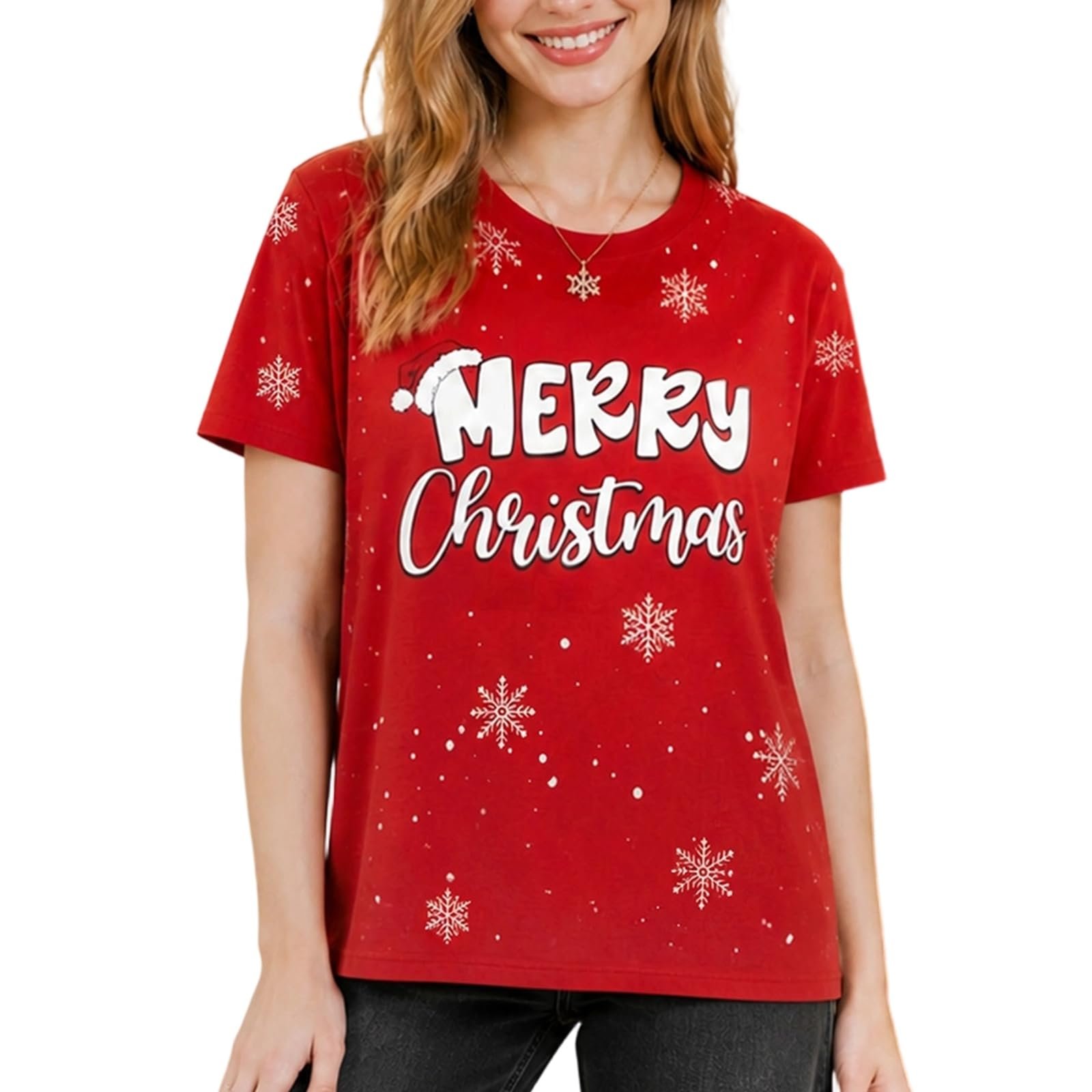 Merry Christmas text across the red tee — Cinysnt Christams Shirts for Women Xmas Snowflake Reindeer Print Short Sleeve Tee