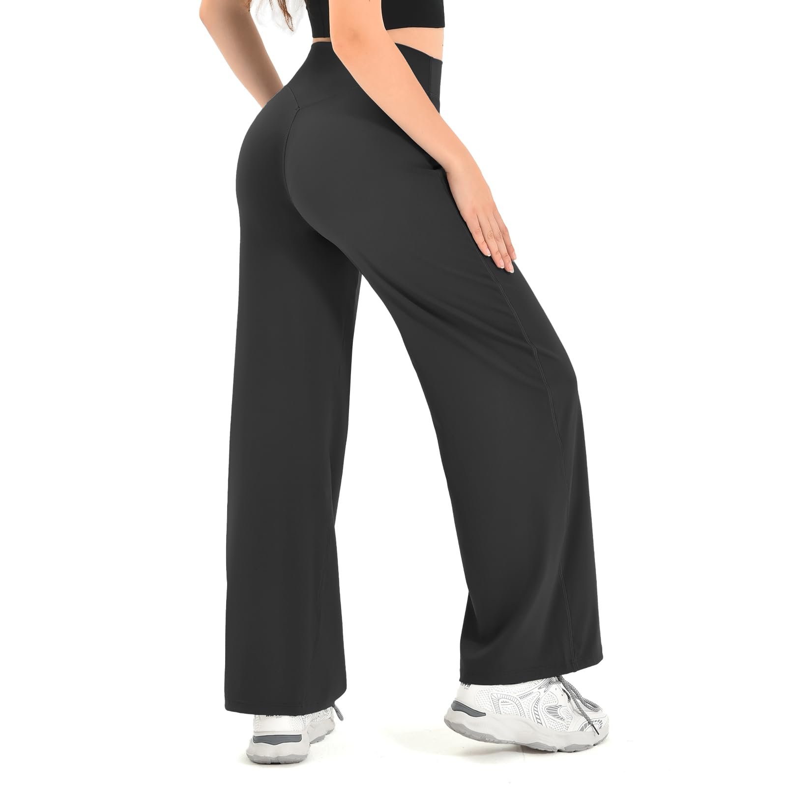 Dusty blue turtleneck tucked into high-waisted black pants — Leafigure Yoga Pants for Women High Waisted Straight Leg Leggings