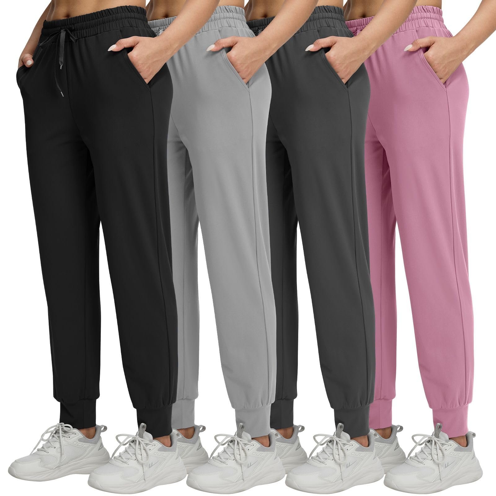 Shirred waist seam giving way to a peplum ruffle — Missclub 4 Pack Womens Joggers with Pockets Drawstring Athletic Sweatpants