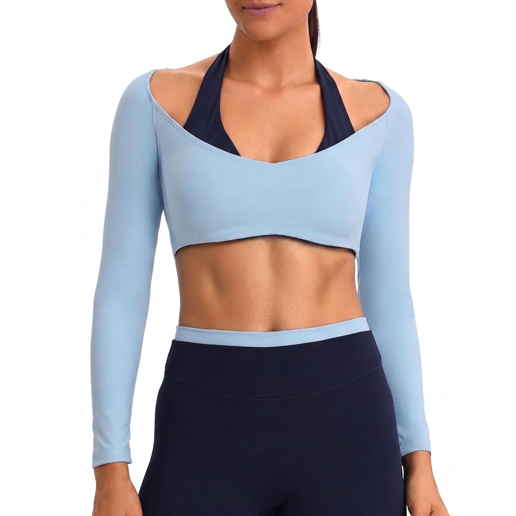 Blue off-shoulder crop revealing navy halter underneath — Aoxjox Dual Core Halter Long Sleeve Crop Tops