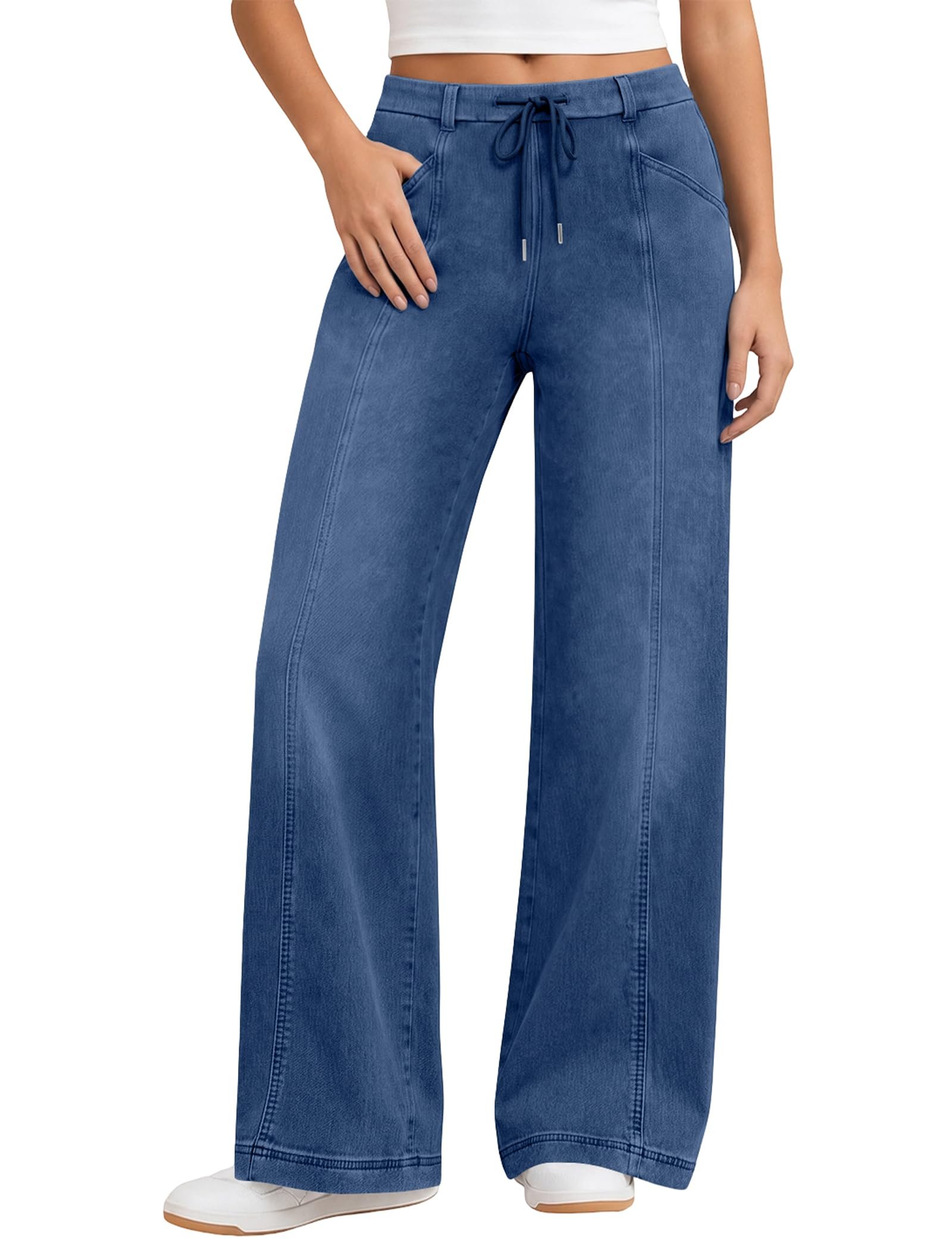 Drawstring tie knotted at the high waist — FireSwan Wide Leg Jeans for Women High Waisted Stretchy Denim Pants Y2k