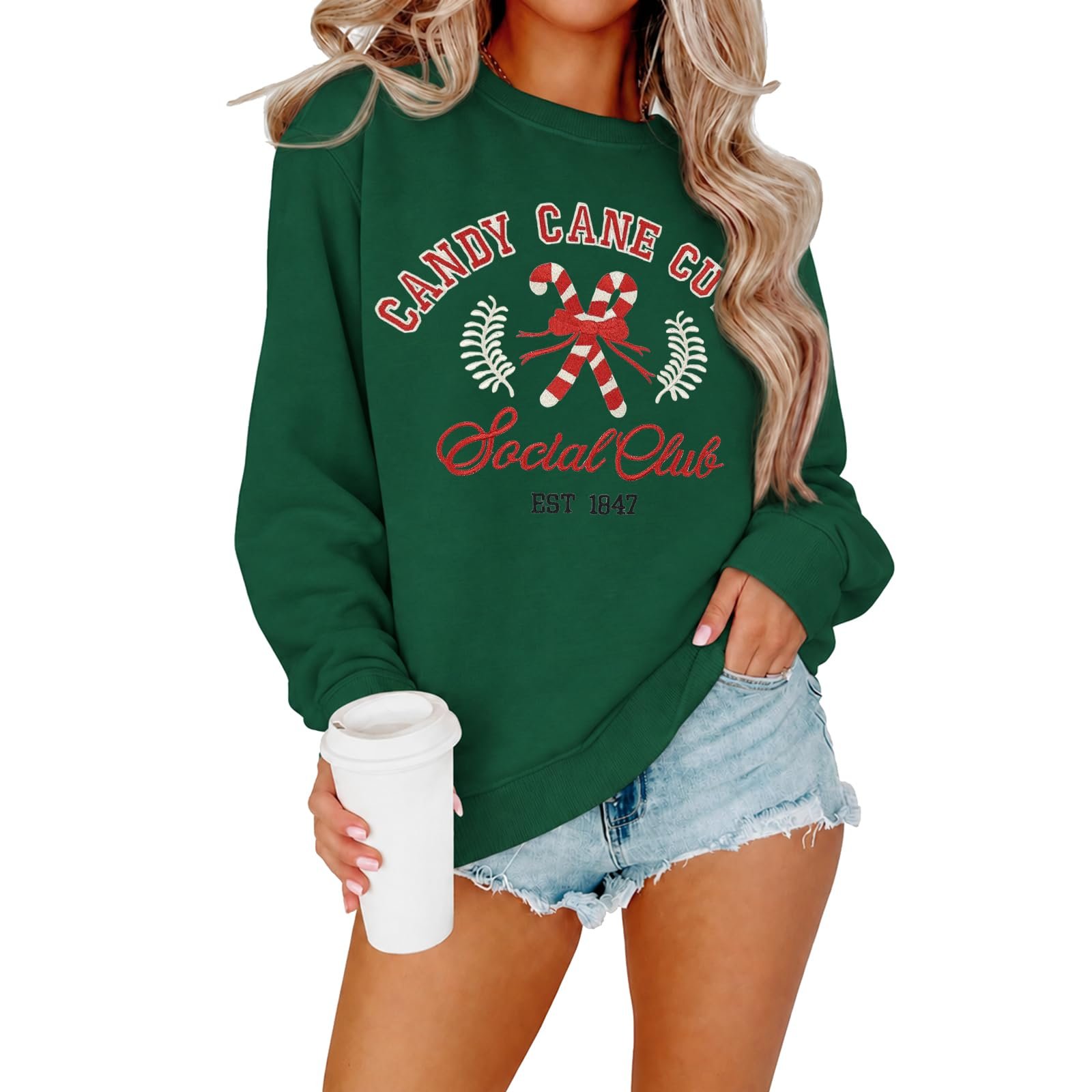Forest green sweatshirt over sheer white floral flares — Vilove Christmas Sweatshirt for Women Graphic Holiday Casual Crewneck Pullover