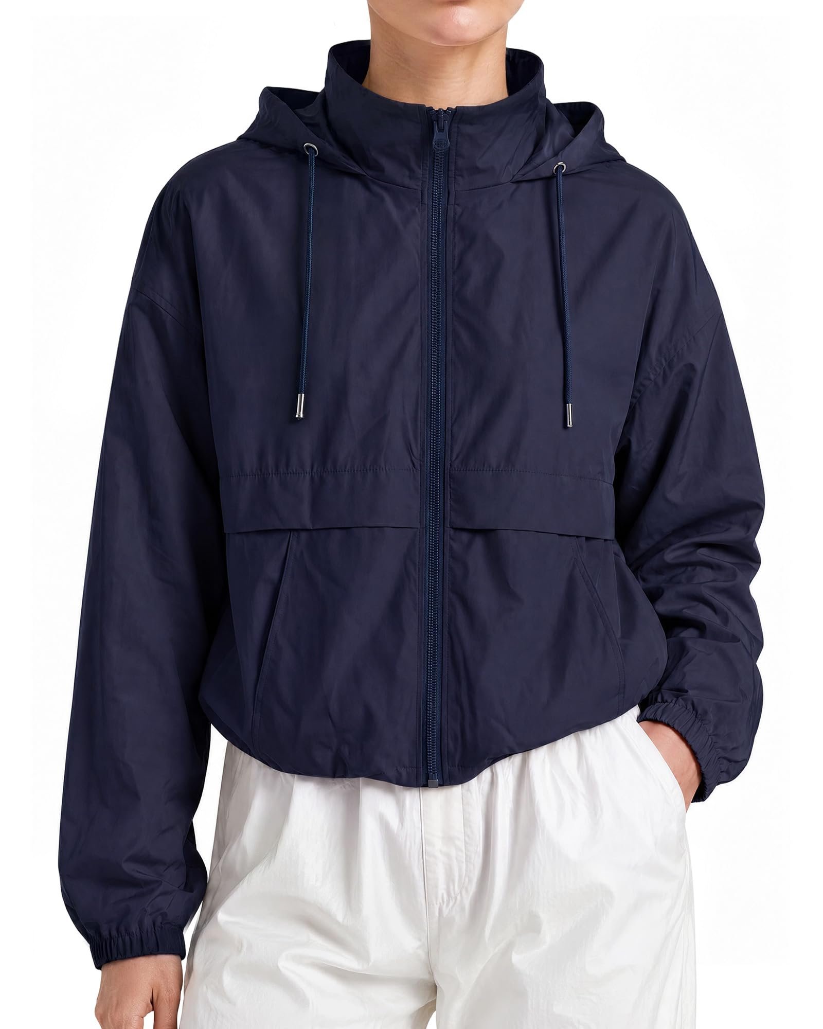 Full front zip closing the cropped navy layer — Sohita Windbreaker Jacket Women Zip Up Hoodie Women Lightweight Jackets