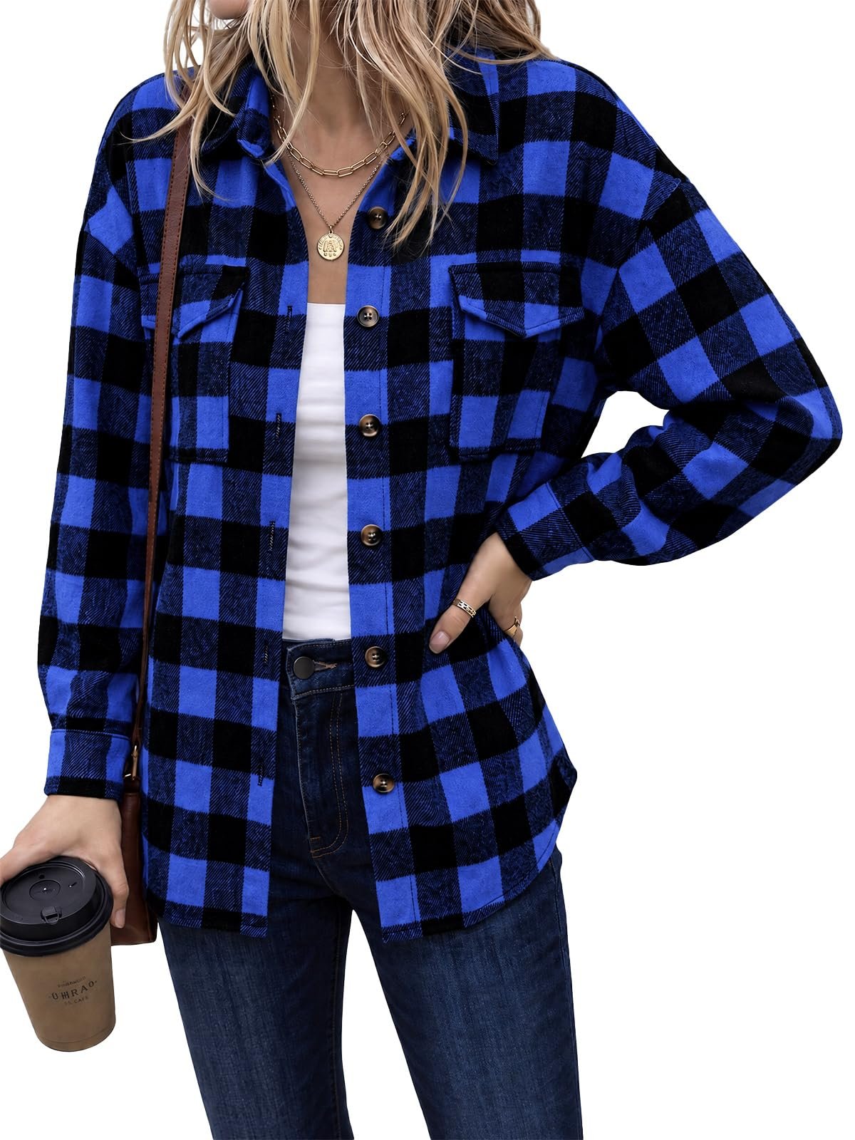 Flannel first, flares second, mirror last — Tankaneo Womens Plaid Flannel Shirt Long Sleeve Button Down Blouses Tops