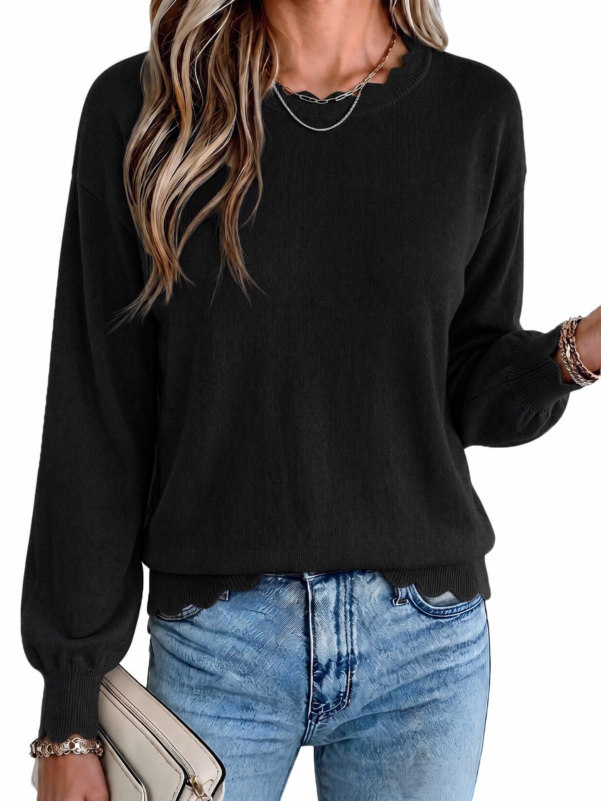 Balloon sleeves and scalloped hem on the black sweater — Tankaneo Womens Crew Neck Sweater Long Sleeve Lightweight Scallop Knit Tops
