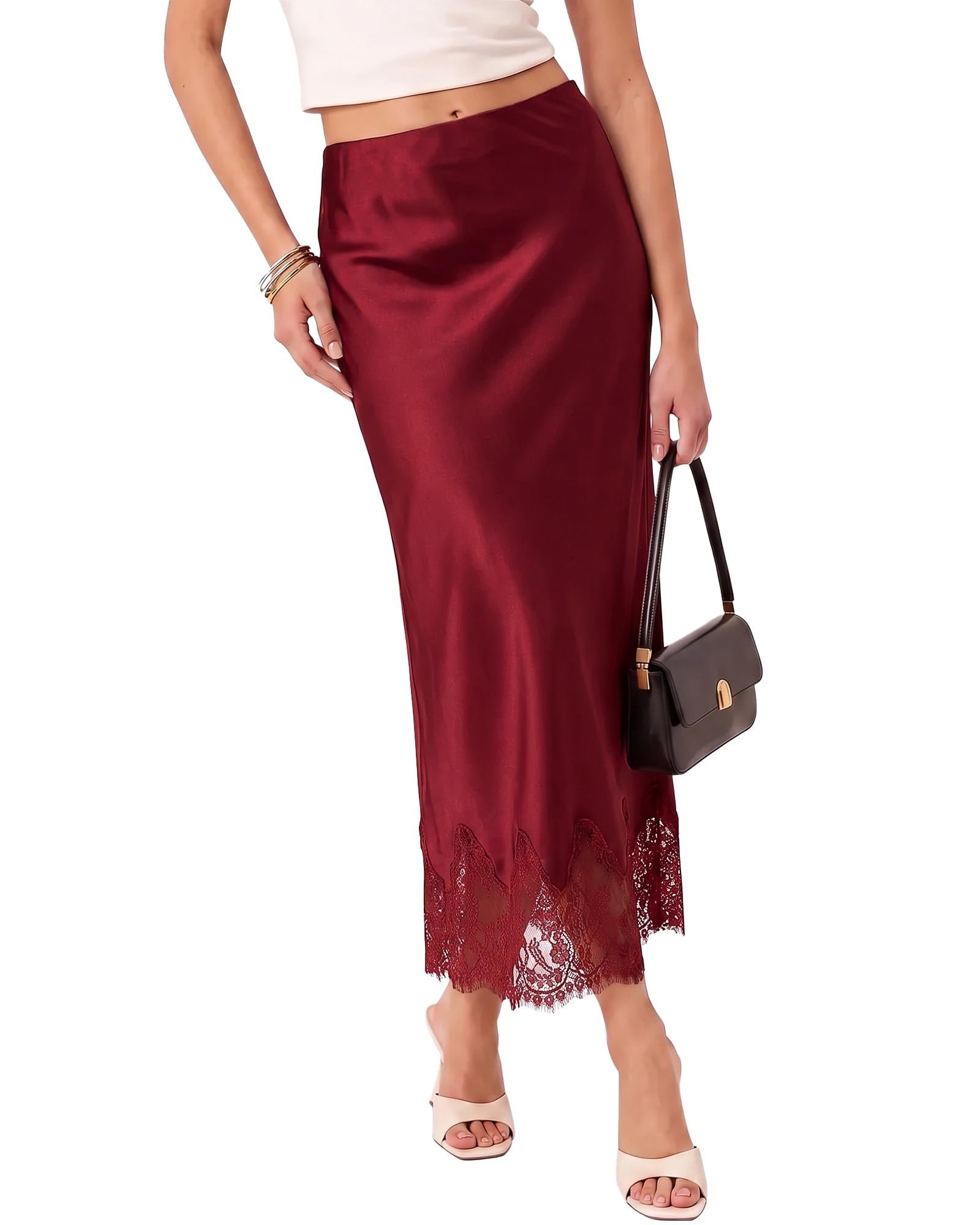 Single brown button closing the cropped front — Luvamia Satin Maxi Skirt Elastic Waist Lace Trim Long Slip Skirts for Women