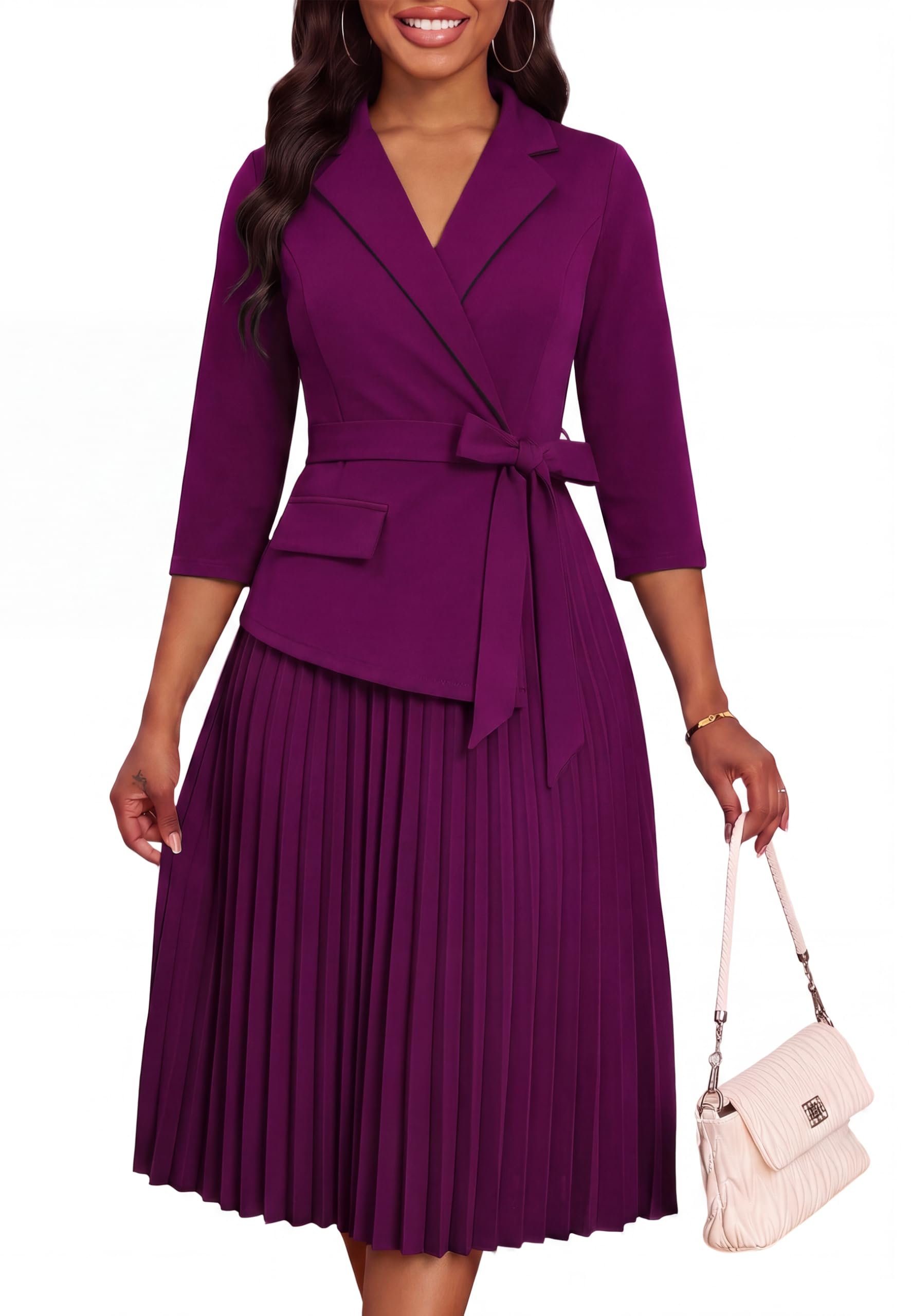 Bow tied at the side of the plum wrap — Elainone 3/4 Sleeve Pleated Dress for Women Elegant Semi Formal Dresses