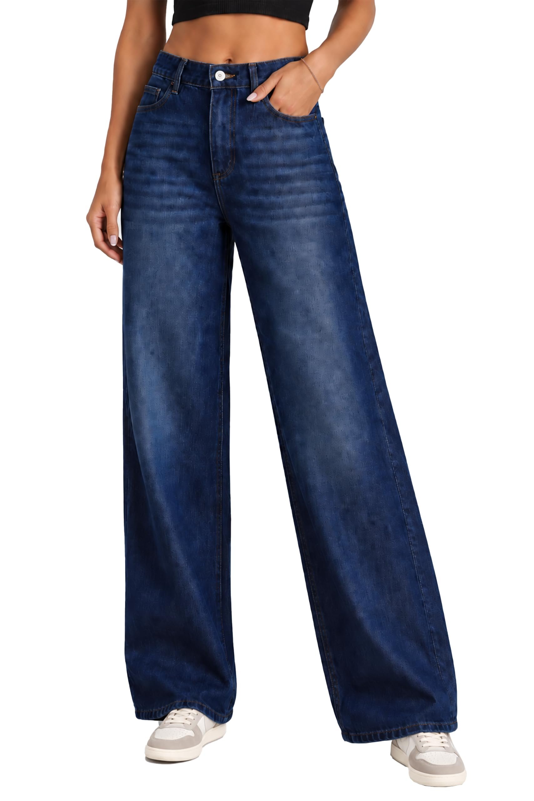 A closer look at how Sweatshirt moves — Doraviie Women's High Waisted Baggy Wide Leg Jeans, Adjustable Waist