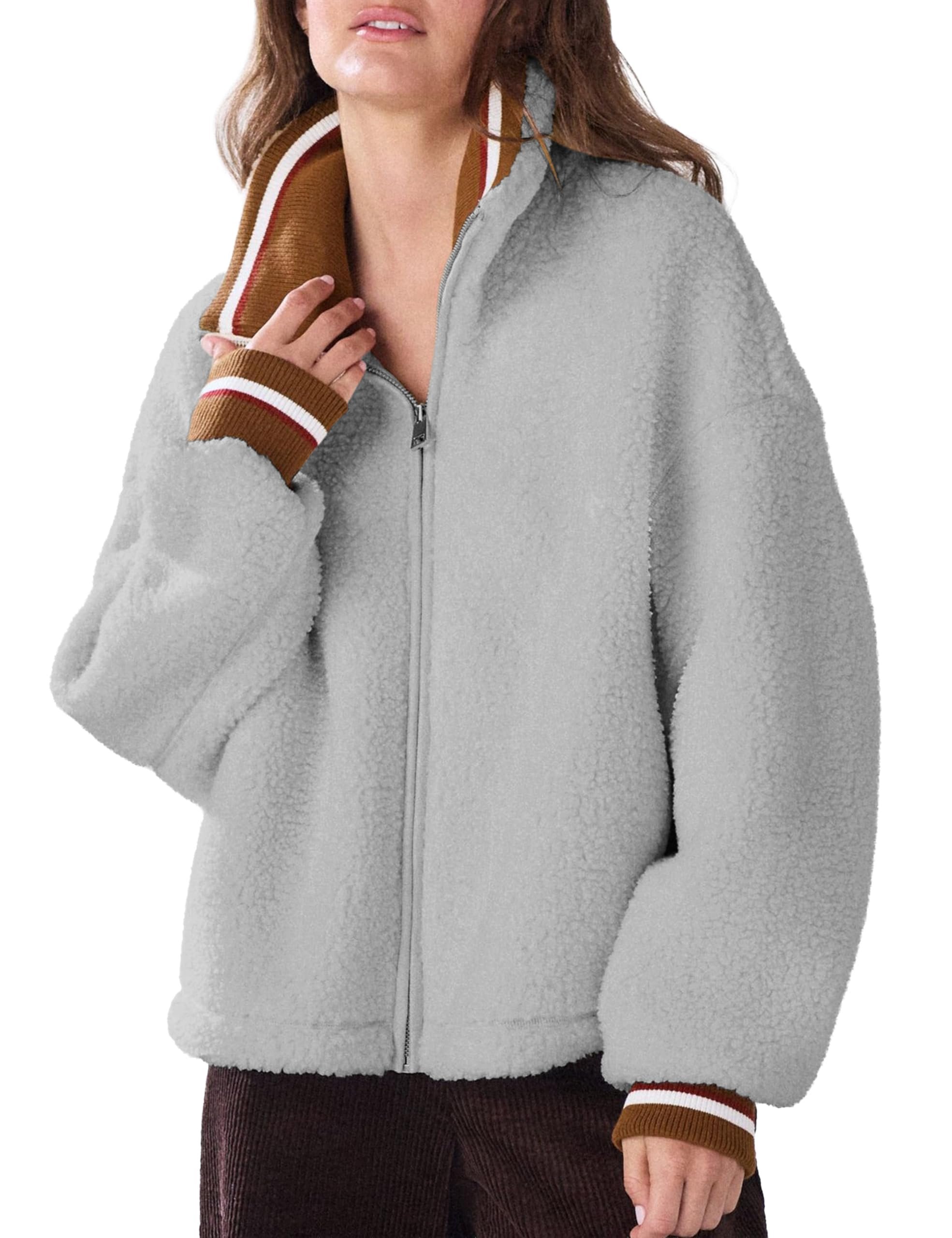 Light gray teddy zipped up to the funnel neck — Gtliae Women Sherpa Fleece Zip Up Jackets Contrast Ribbed Funnel Neck Coat