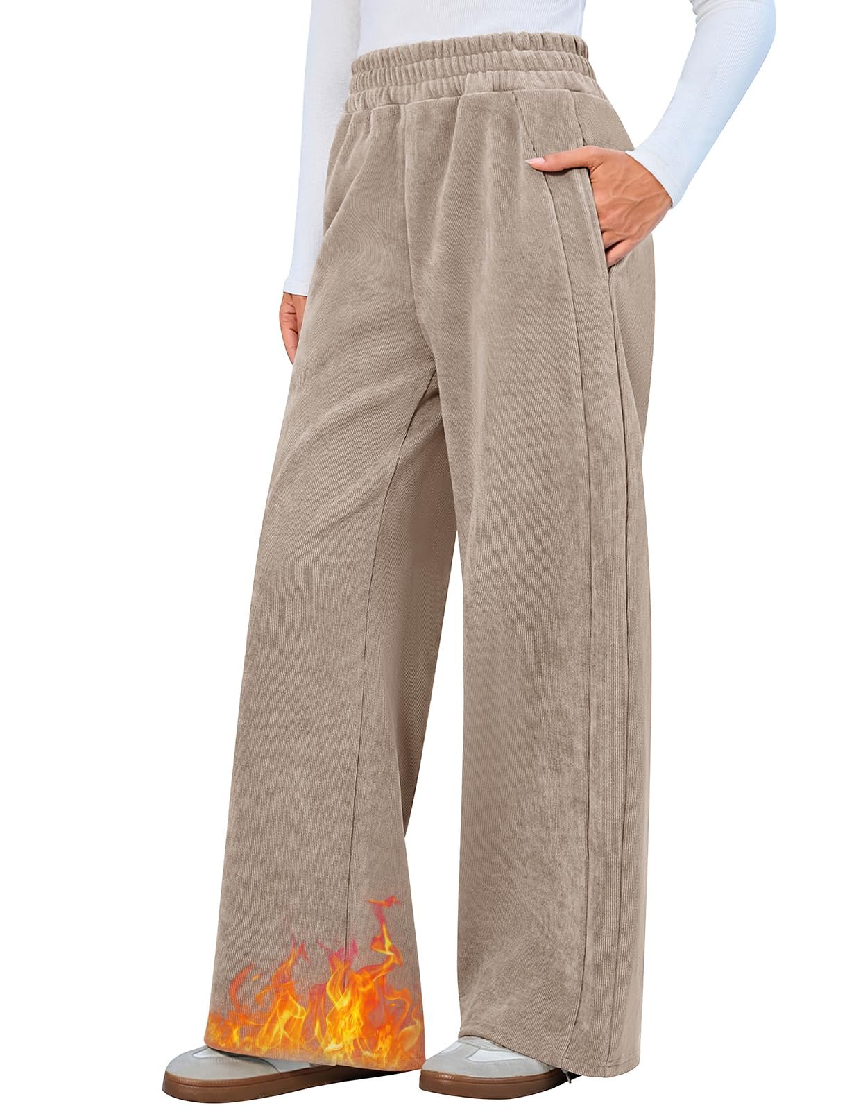 Smocked elastic at wrist letting the ruffle flare — Yuson Girl Yusongirl Womens Fleece Lined Corduroy Pants High Waisted Wide Leg Winter