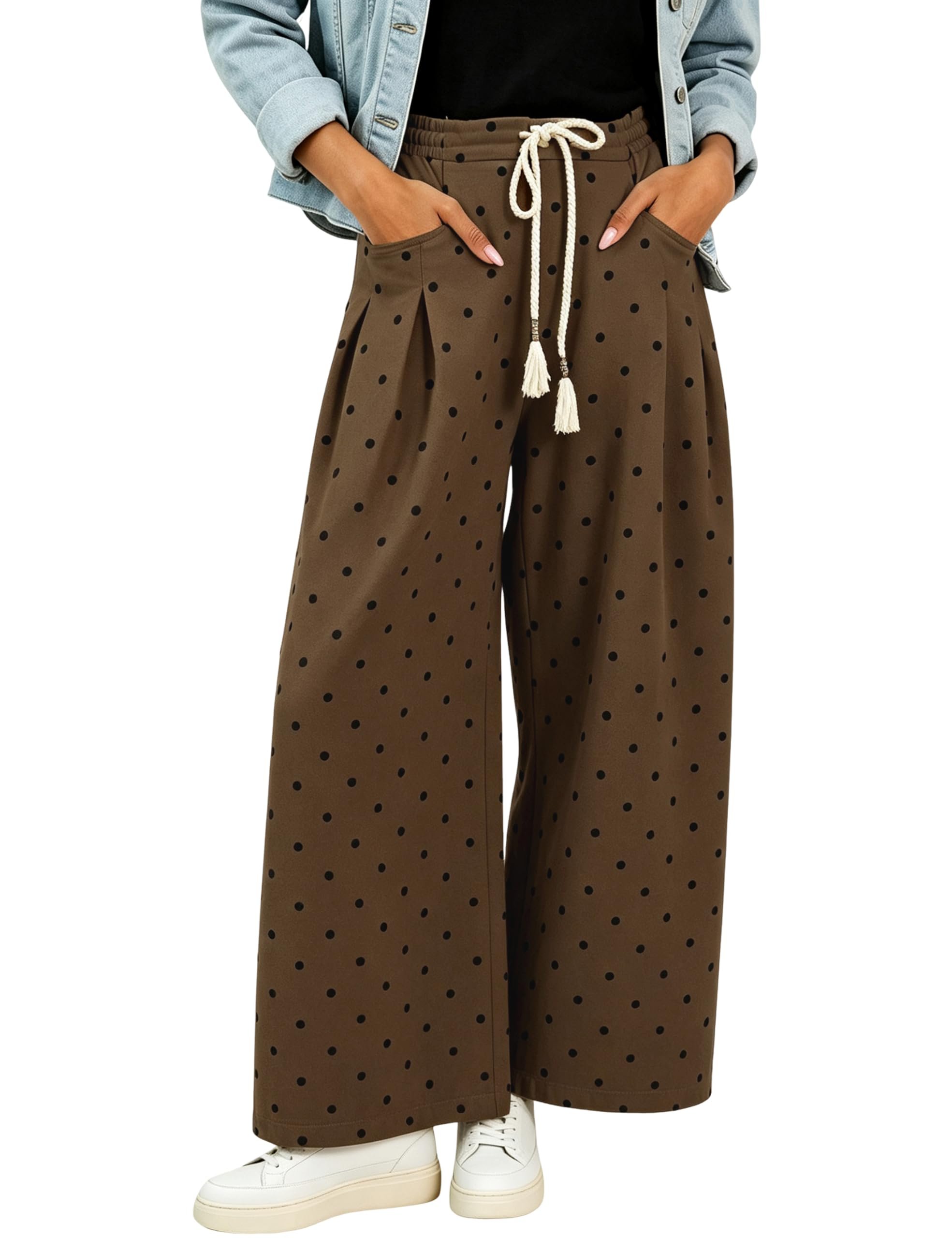 Drawstring tassels hanging at the waist of the dots — Yeokou Women's Wide Leg Pants Polka Dot Drawstring Palazzo Trousers