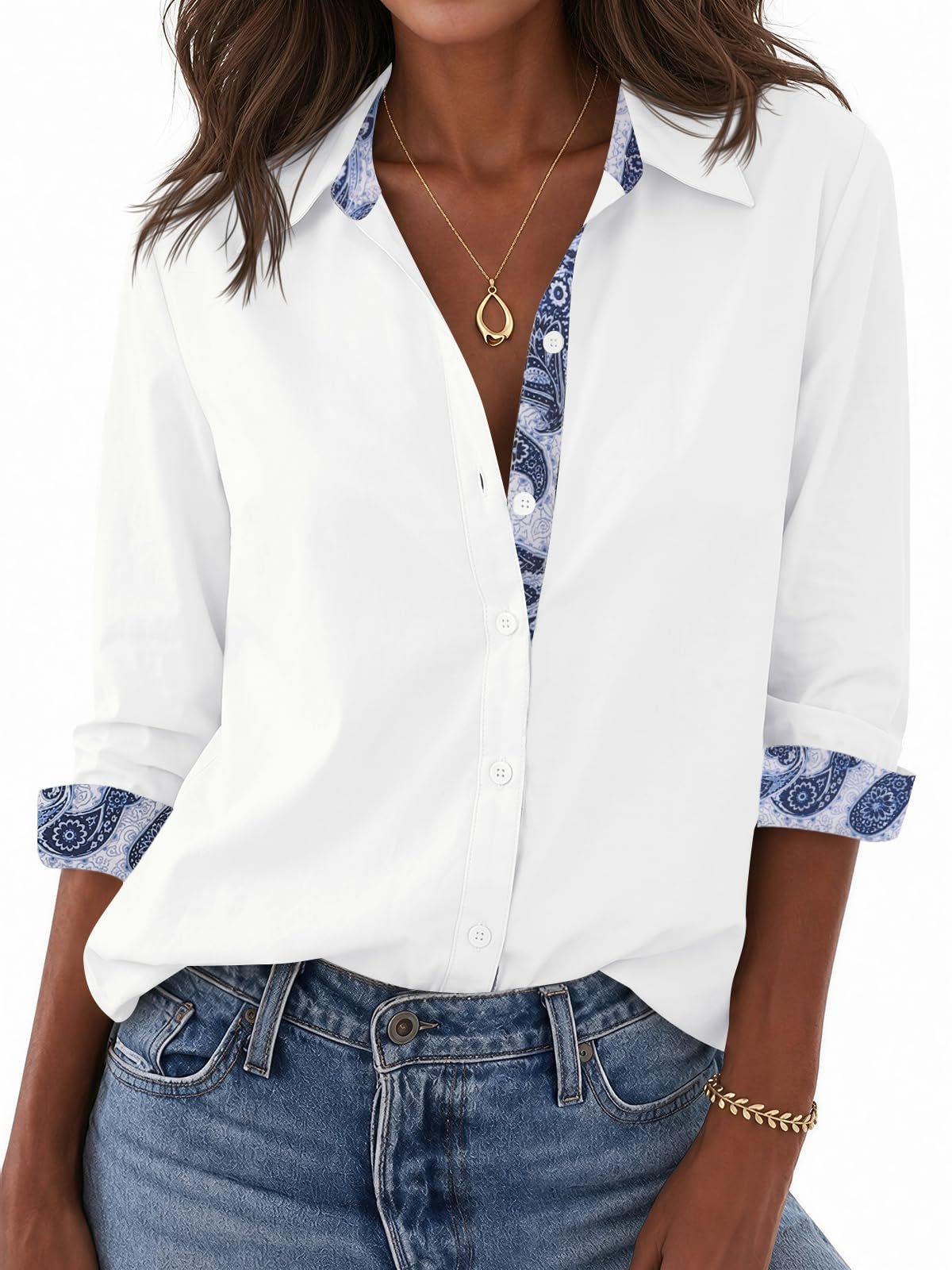 Rolled sleeves revealing the paisley lining underneath — Yousify Womens Cotton Button Down Shirt Long Sleeve Collared Dressy Blouse