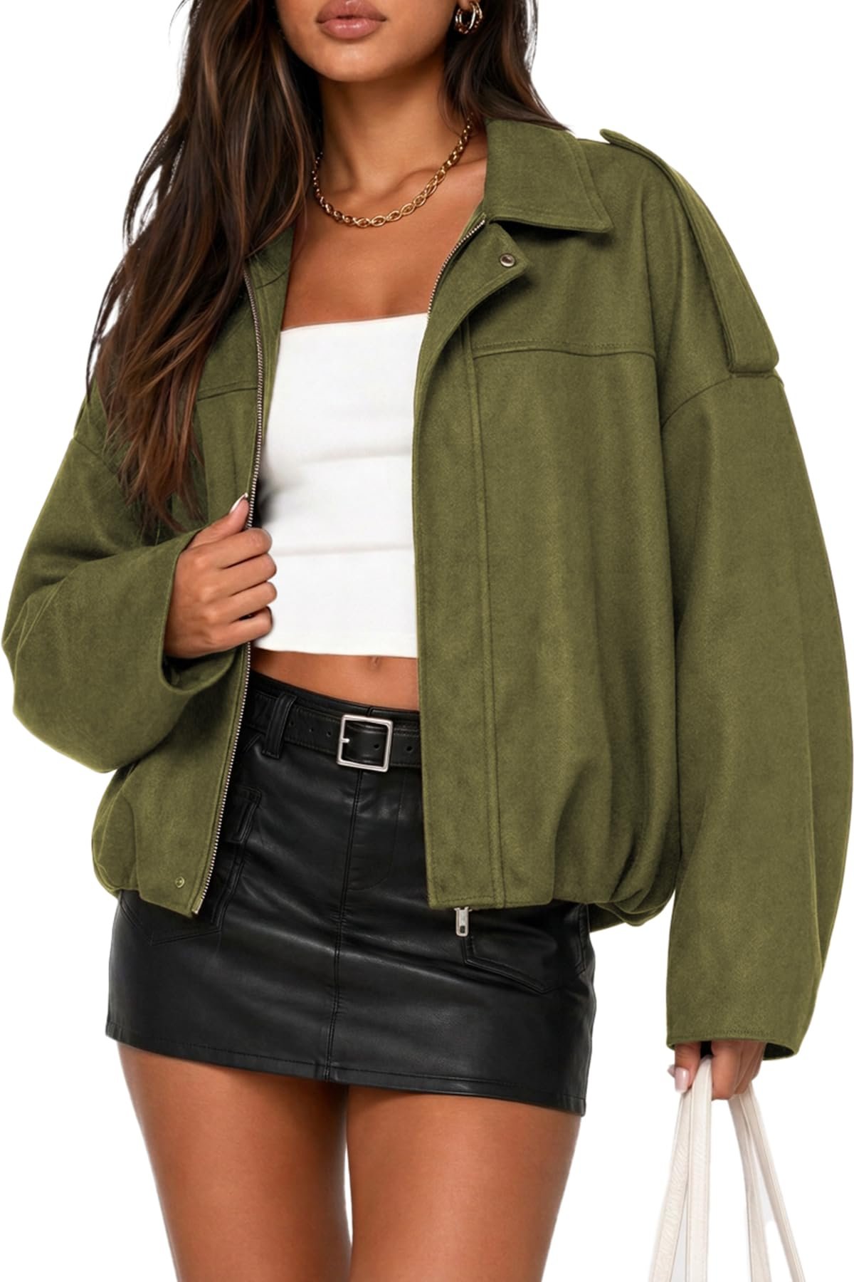 Moss bomber left open over white tube top — Chyrii Womens Faux Suede Bomber Jacket Fall Oversized Long Sleeve Coats